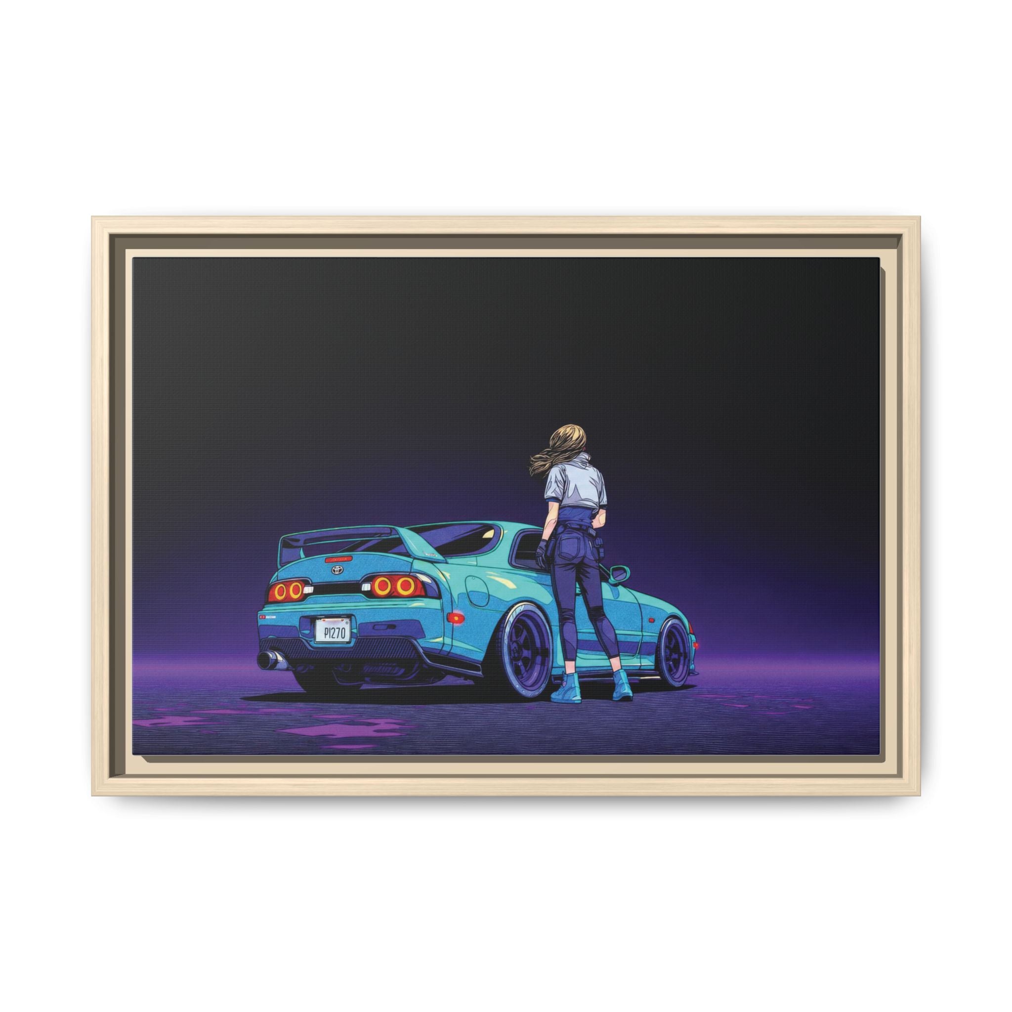 Retro Neon Race Car Poster Matte Canvas Framed | Anime Driver Wall Art