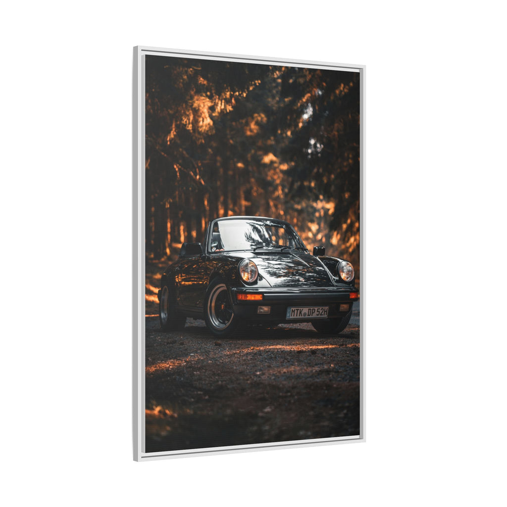 Framed Matte Canvas Print — Vintage Black Porsche in Autumn Forest