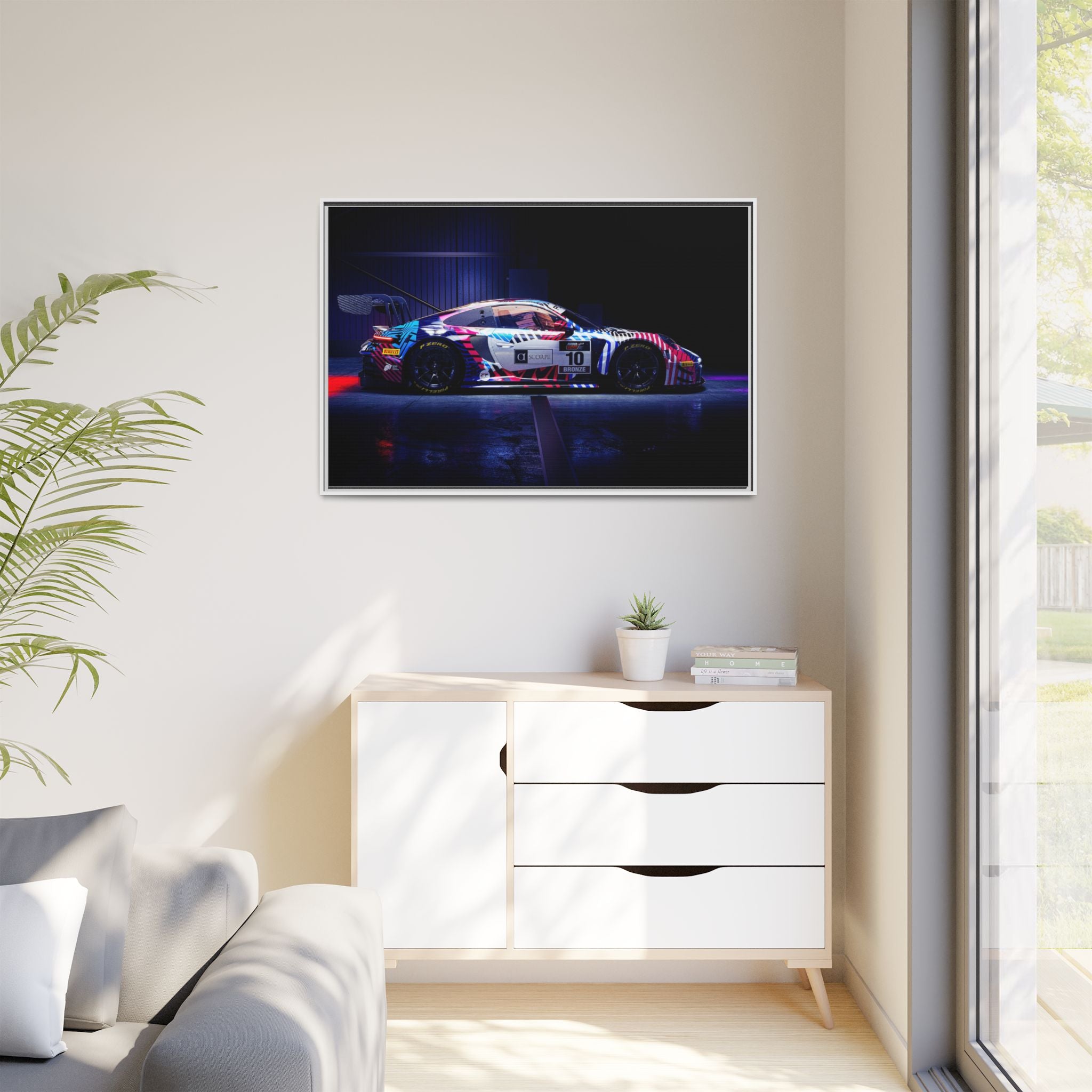 Framed Matte Canvas Print — Neon Racecar Wall Art