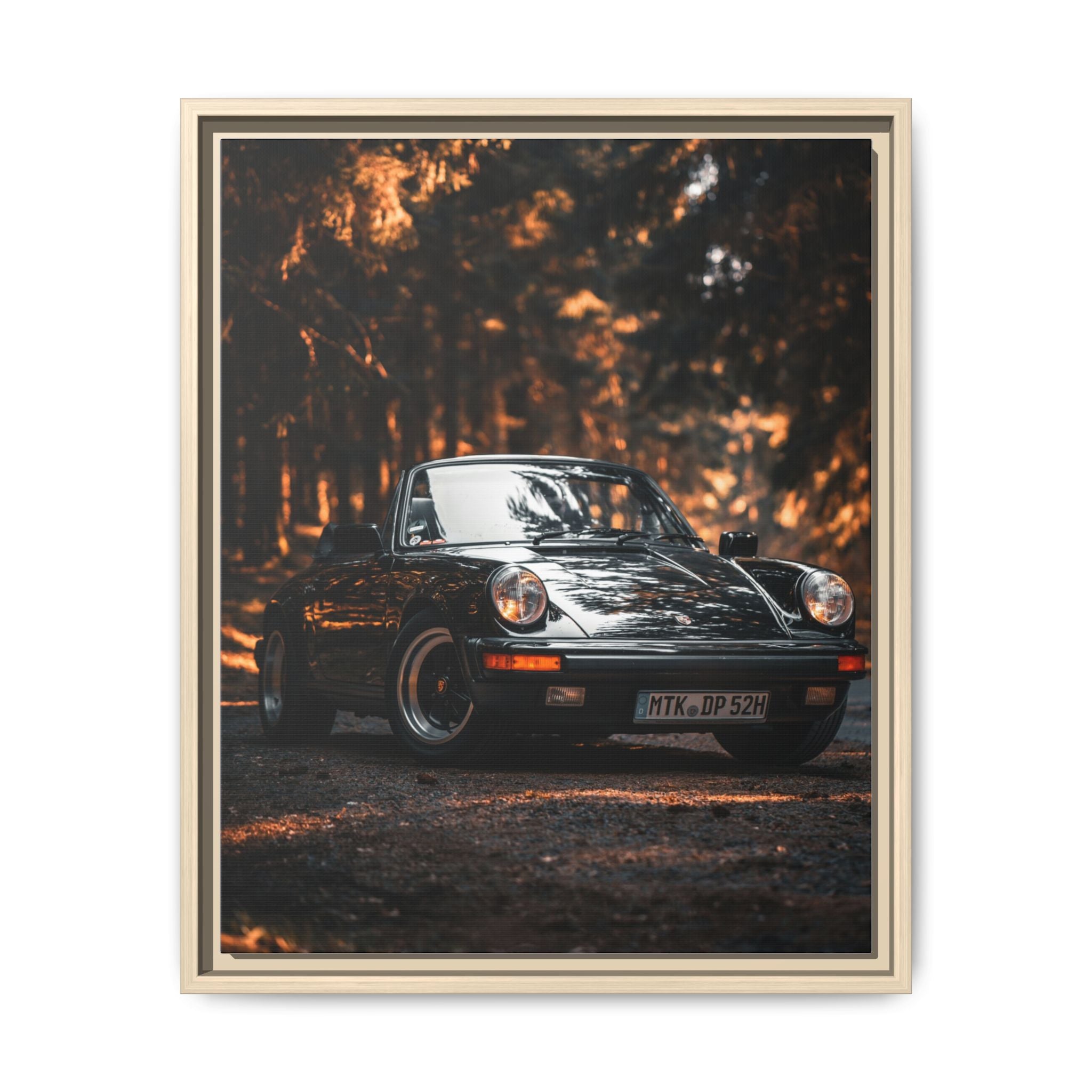 Framed Matte Canvas Print — Vintage Black Porsche in Autumn Forest