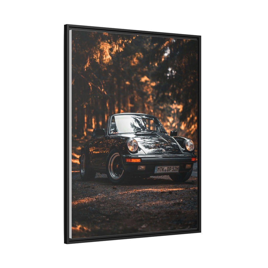 Framed Matte Canvas Print — Vintage Black Porsche in Autumn Forest