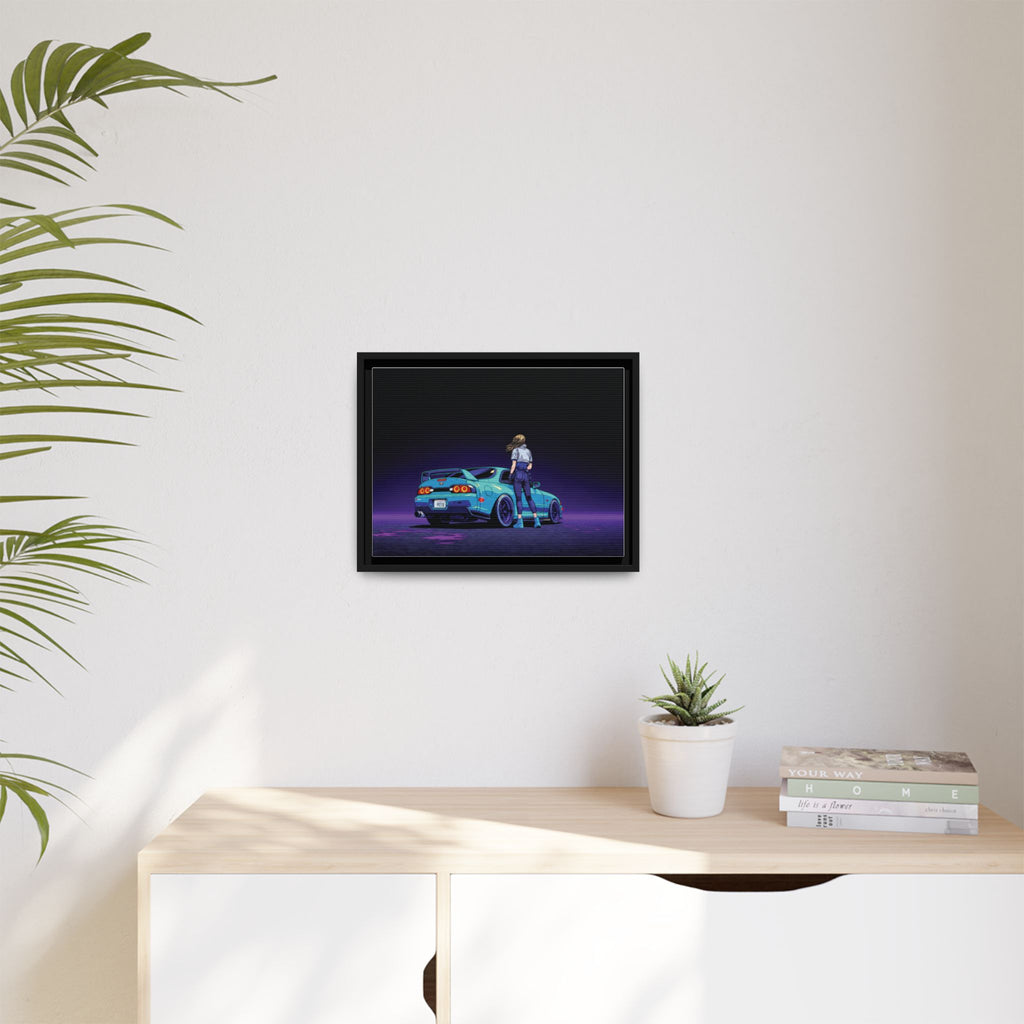 Retro Neon Race Car Poster Matte Canvas Framed | Anime Driver Wall Art