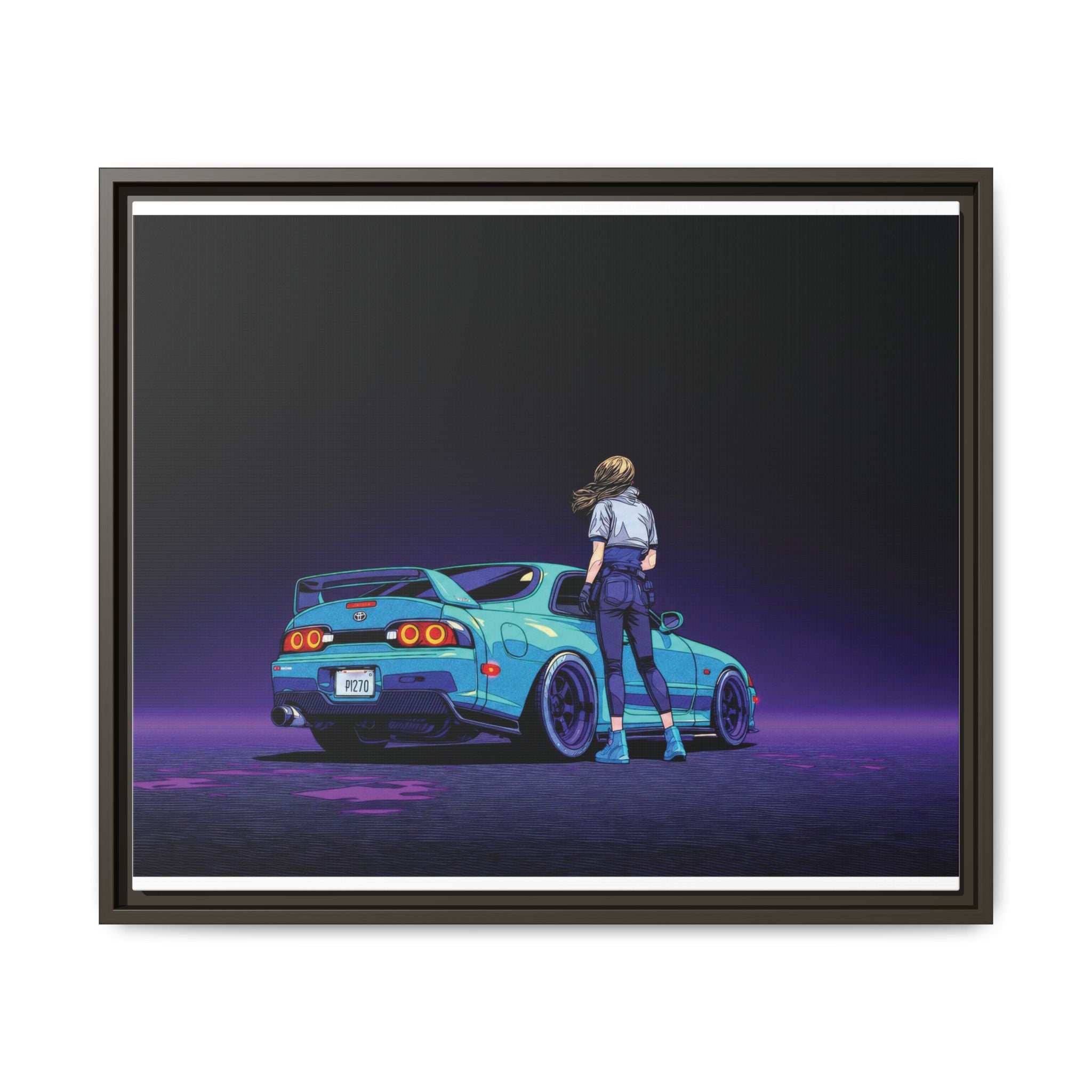 Retro Neon Race Car Poster Matte Canvas Framed | Anime Driver Wall Art
