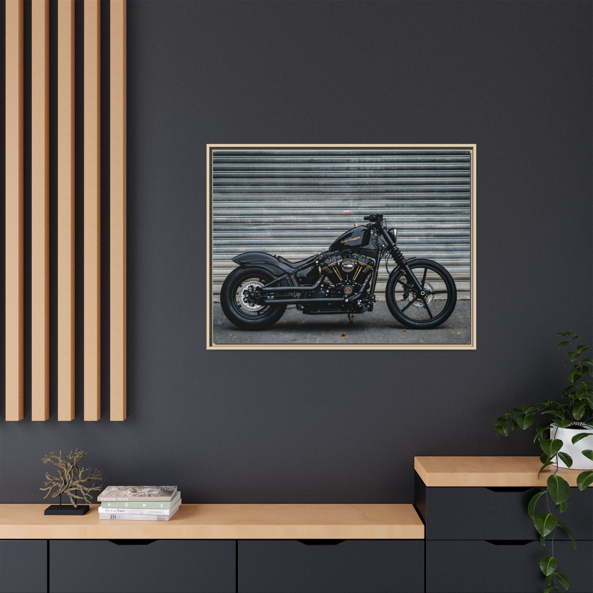 Framed Matte Canvas Motorcycle Print — Black Bobber Wall Art