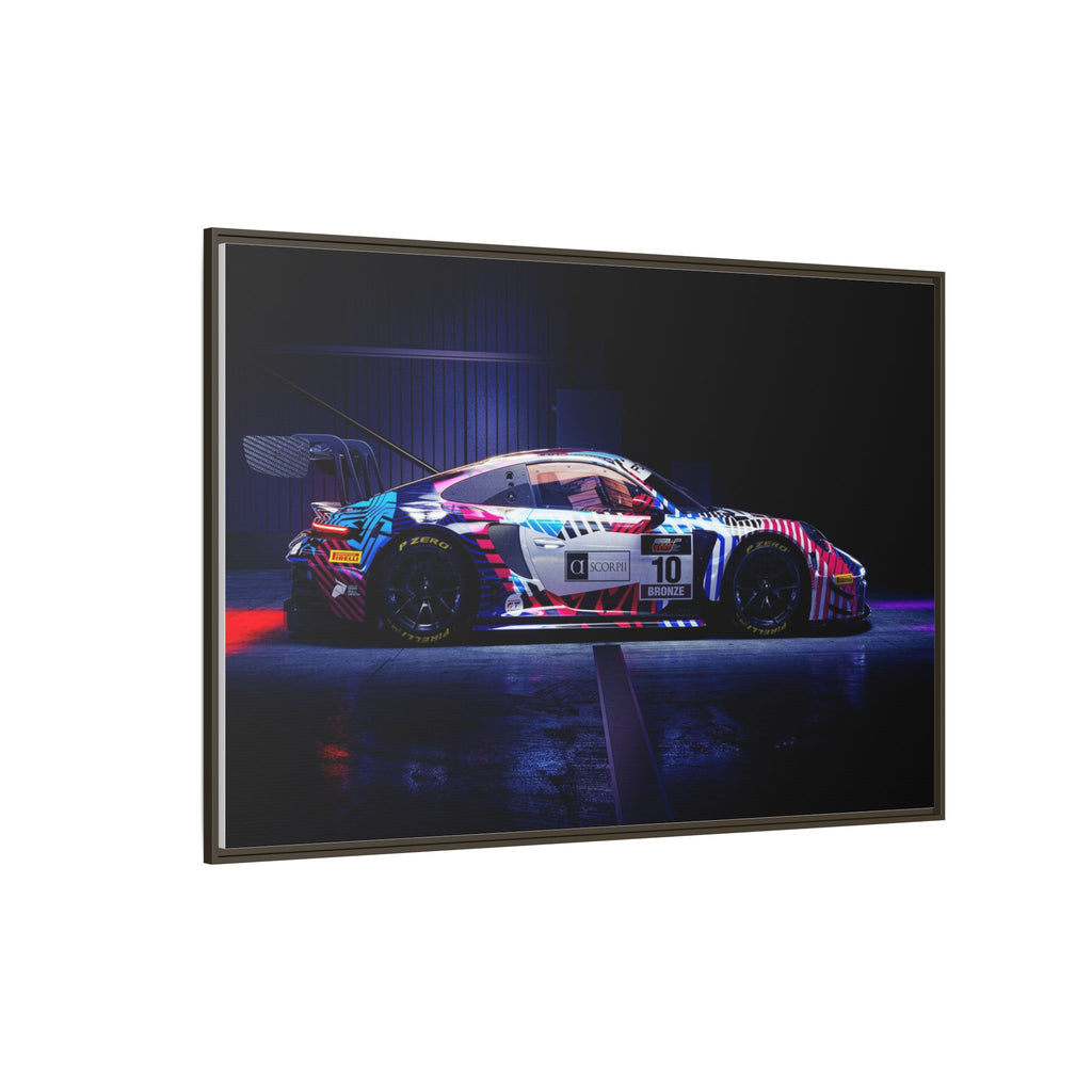 Framed Matte Canvas Print — Neon Racecar Wall Art