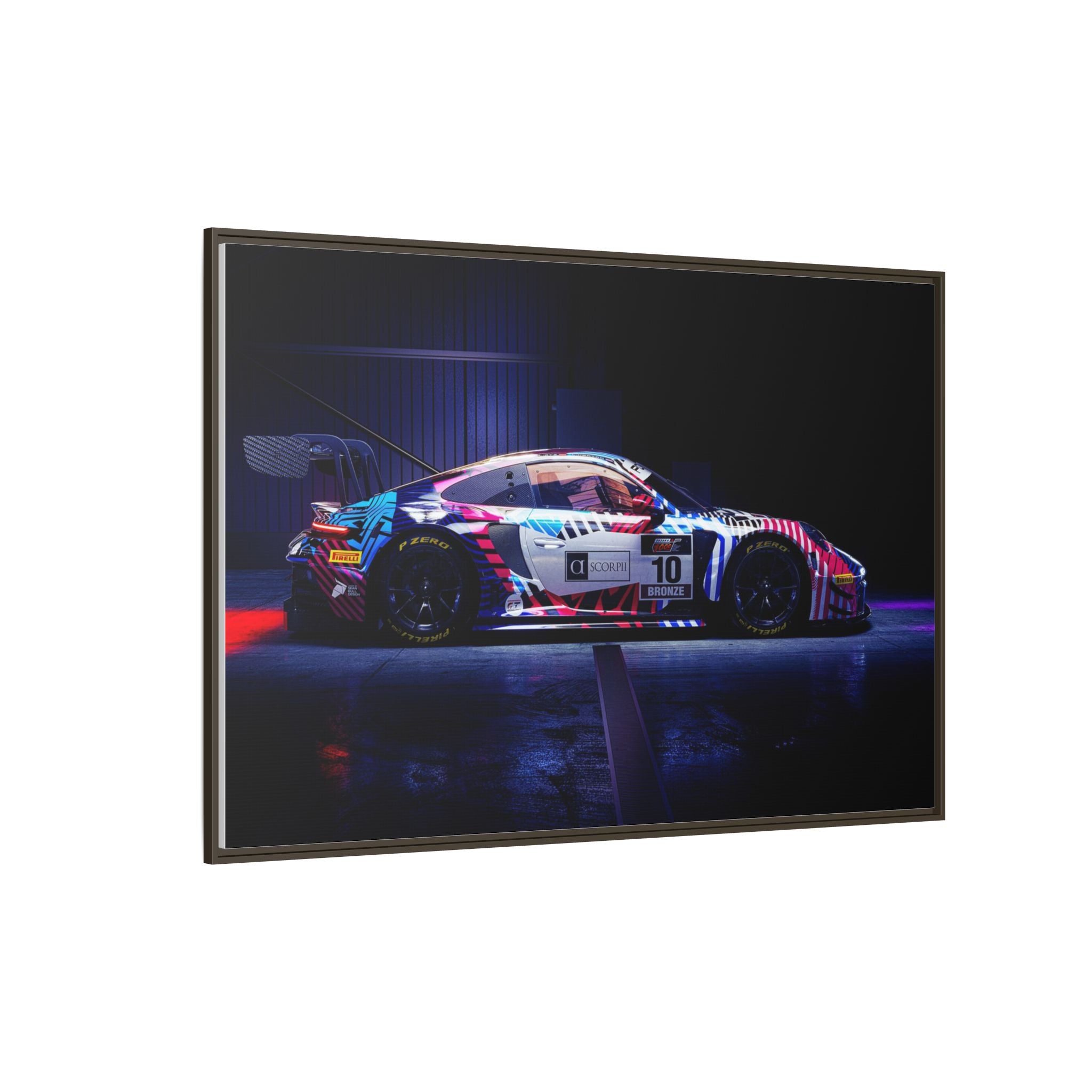 Framed Matte Canvas Print — Neon Racecar Wall Art