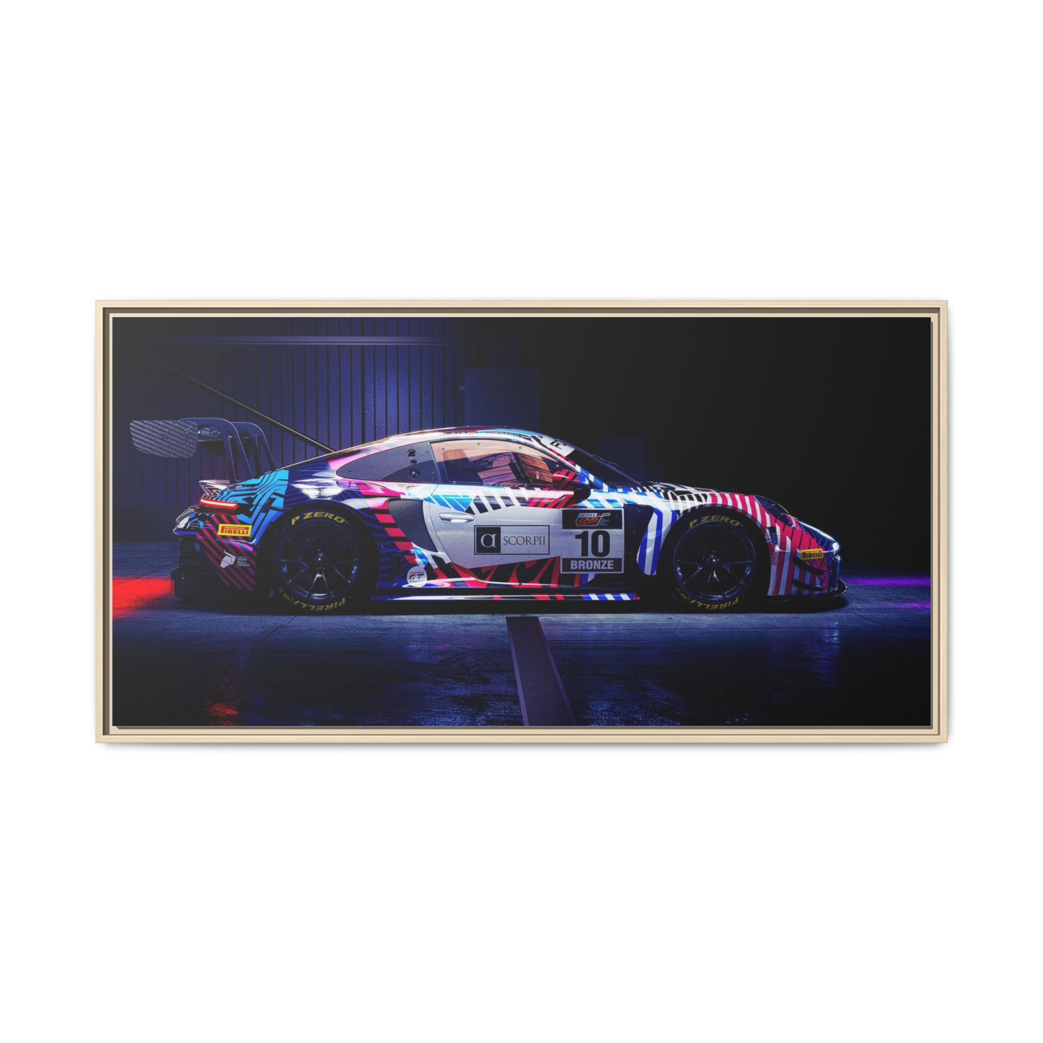 Framed Matte Canvas Print — Neon Racecar Wall Art