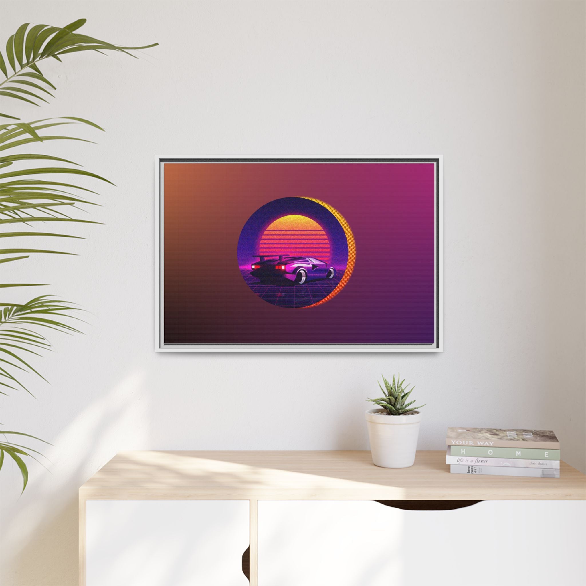 Retro Sunset Sports Car Matte Canvas Framed Wall Art