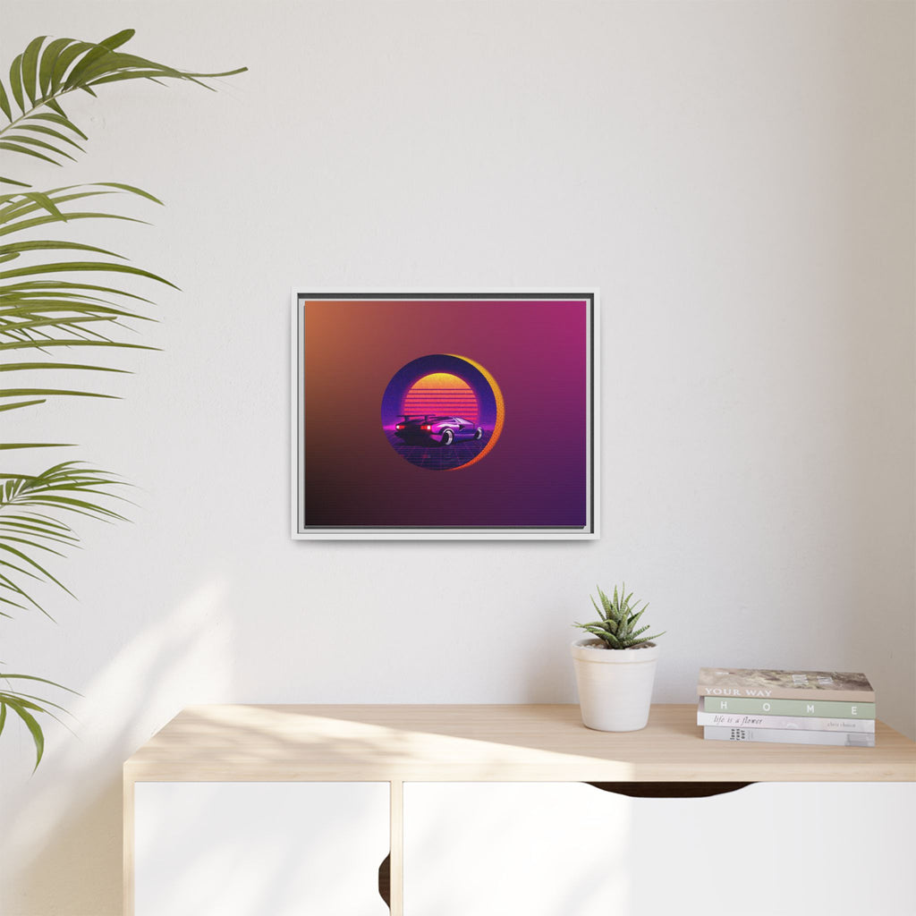 Retro Sunset Sports Car Matte Canvas Framed Wall Art