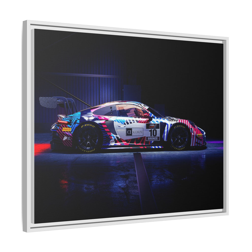 Framed Matte Canvas Print — Neon Racecar Wall Art