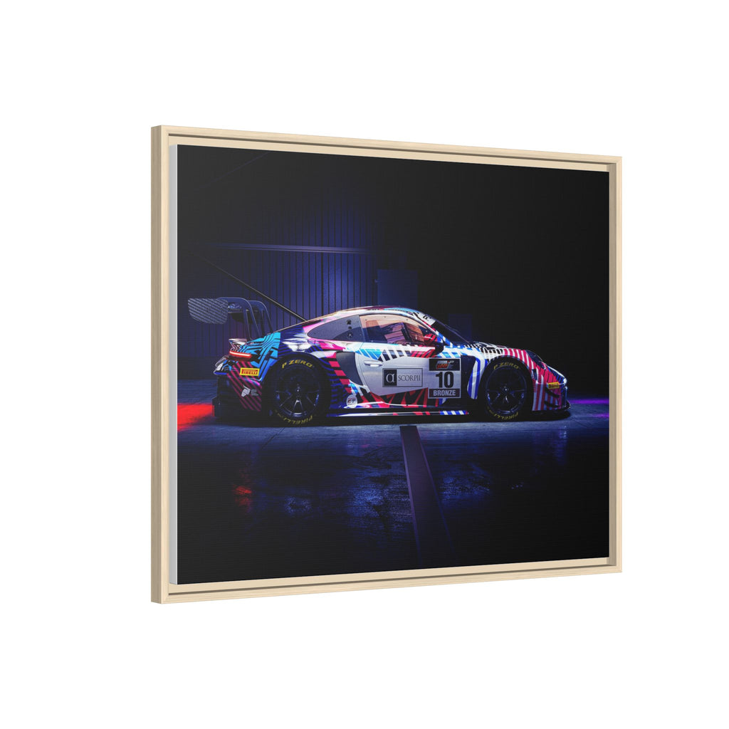 Framed Matte Canvas Print — Neon Racecar Wall Art