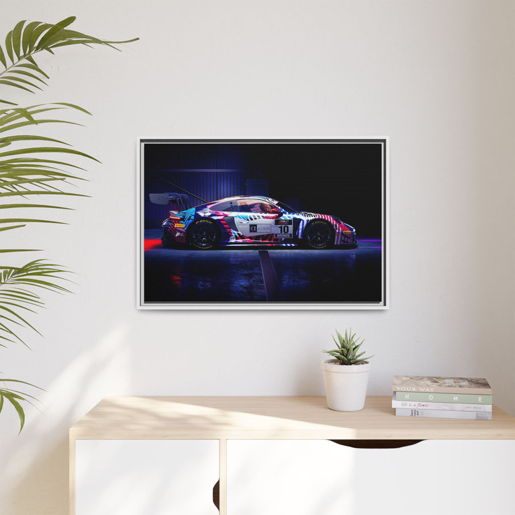Framed Matte Canvas Print — Neon Racecar Wall Art