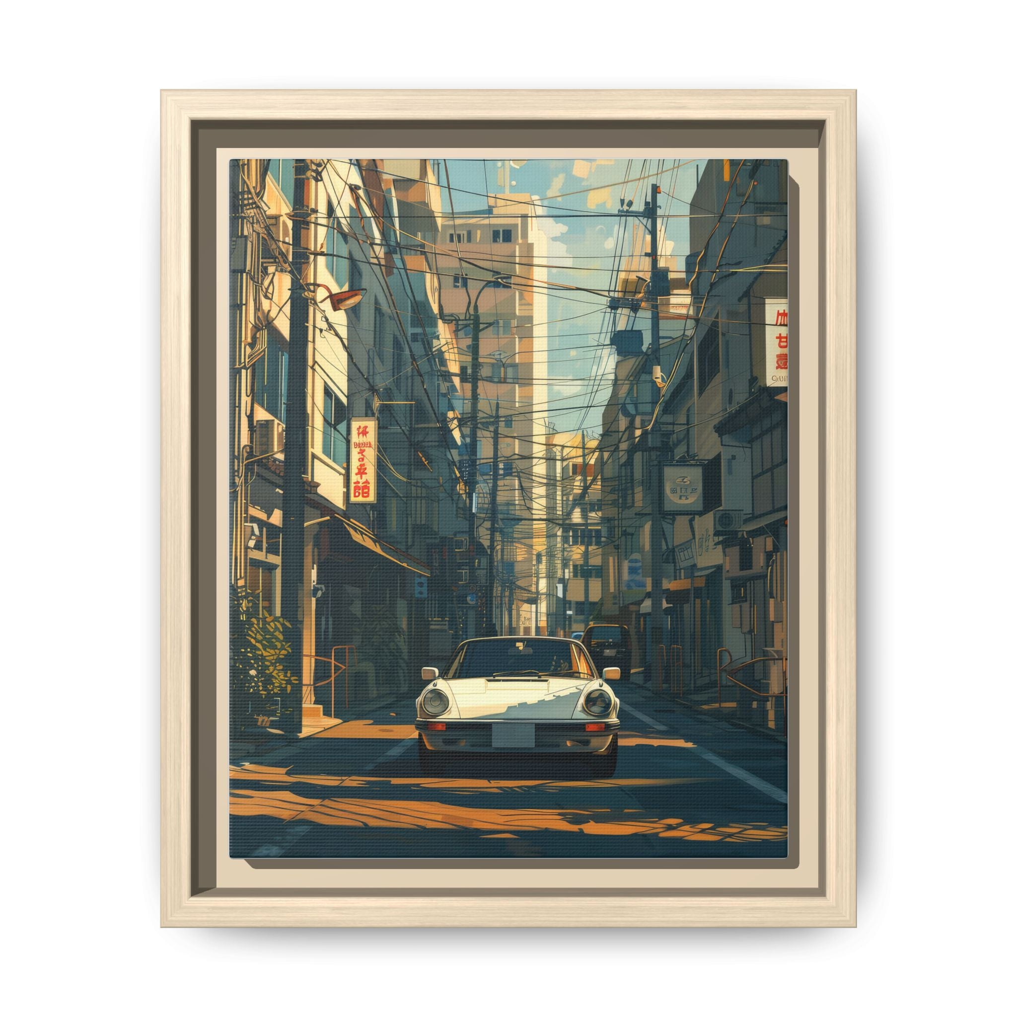 Vintage Sports Car Cityscape Framed Canvas Print