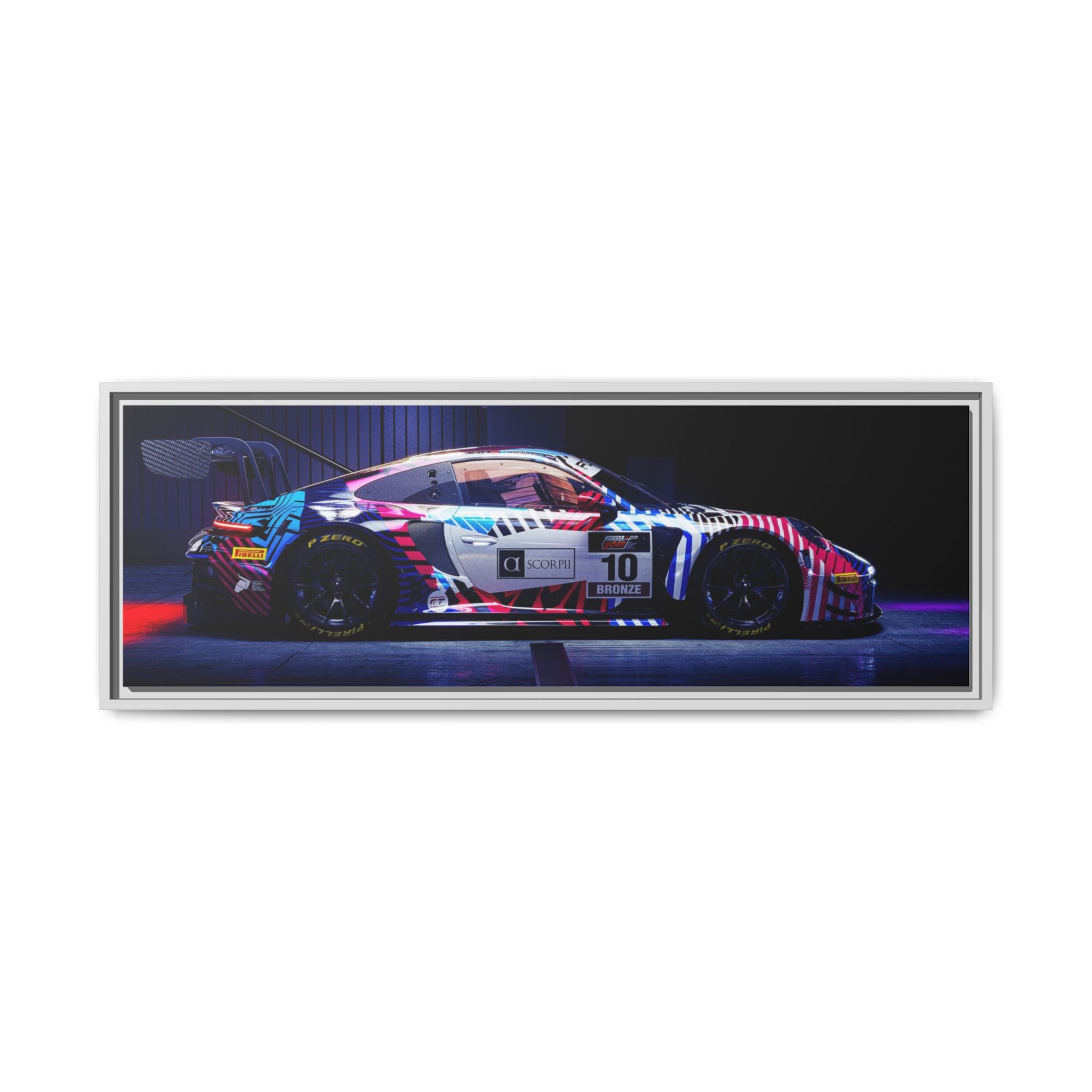 Framed Matte Canvas Print — Neon Racecar Wall Art