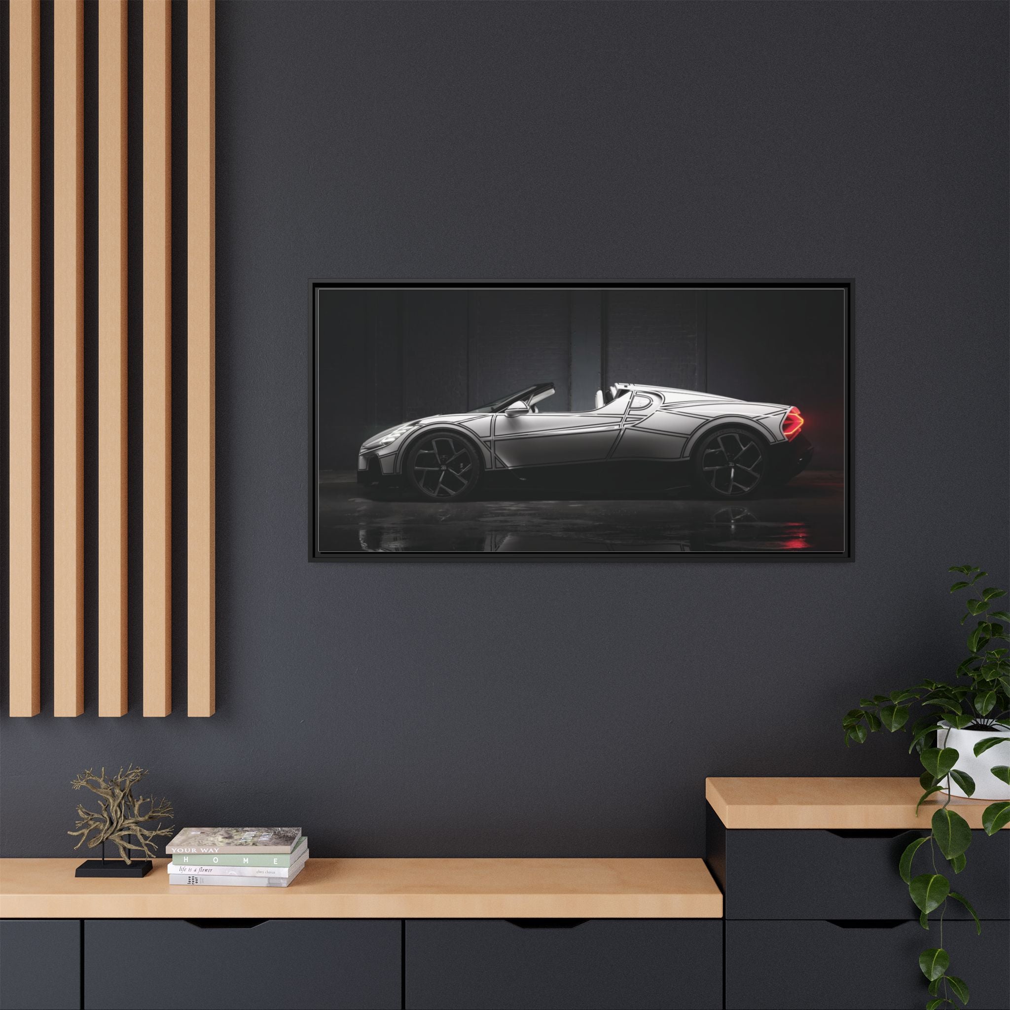 Framed Matte Canvas: Sleek Sports Car Reflection Wall Art