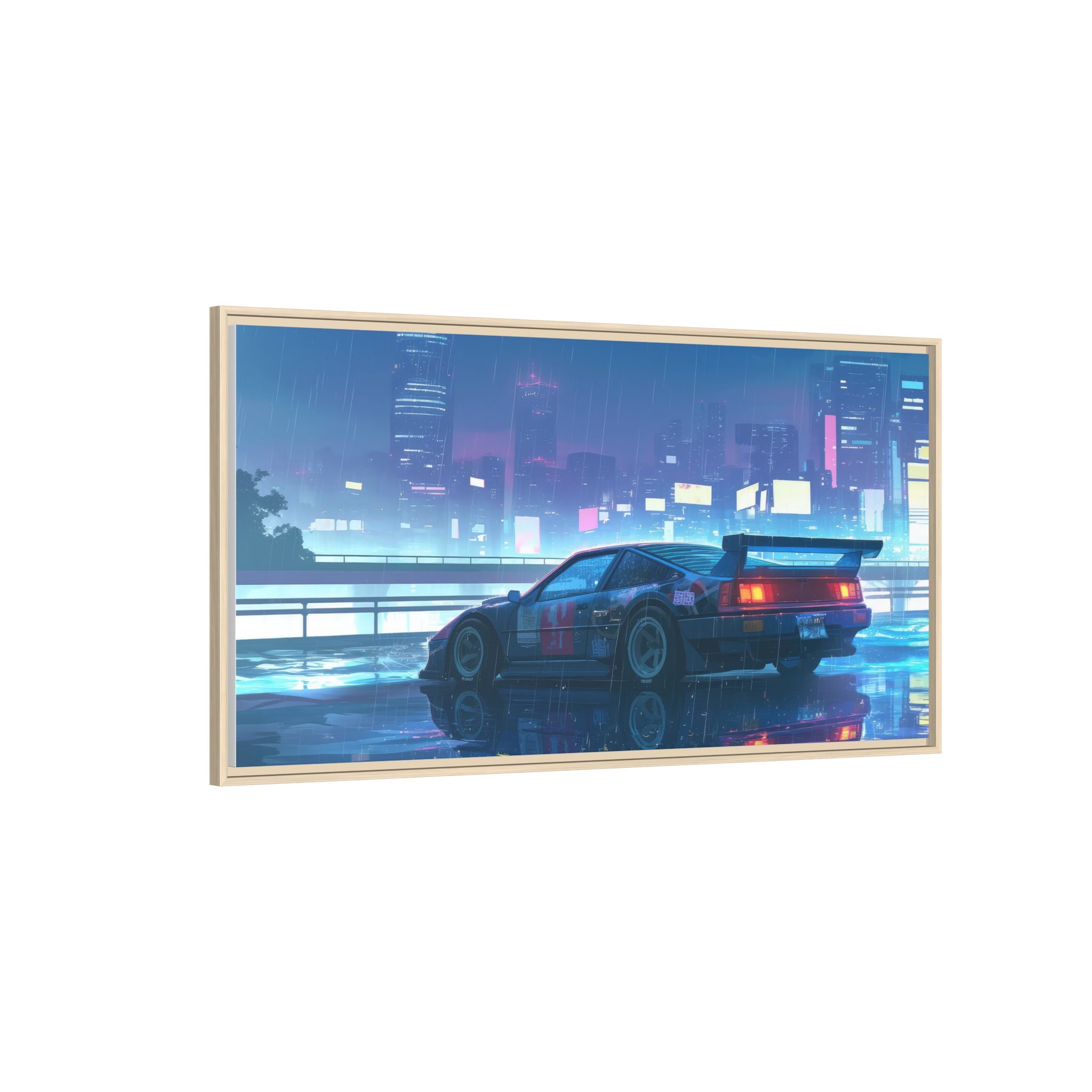 Retro Neon City Car Matte Canvas Print — Framed Wall Art