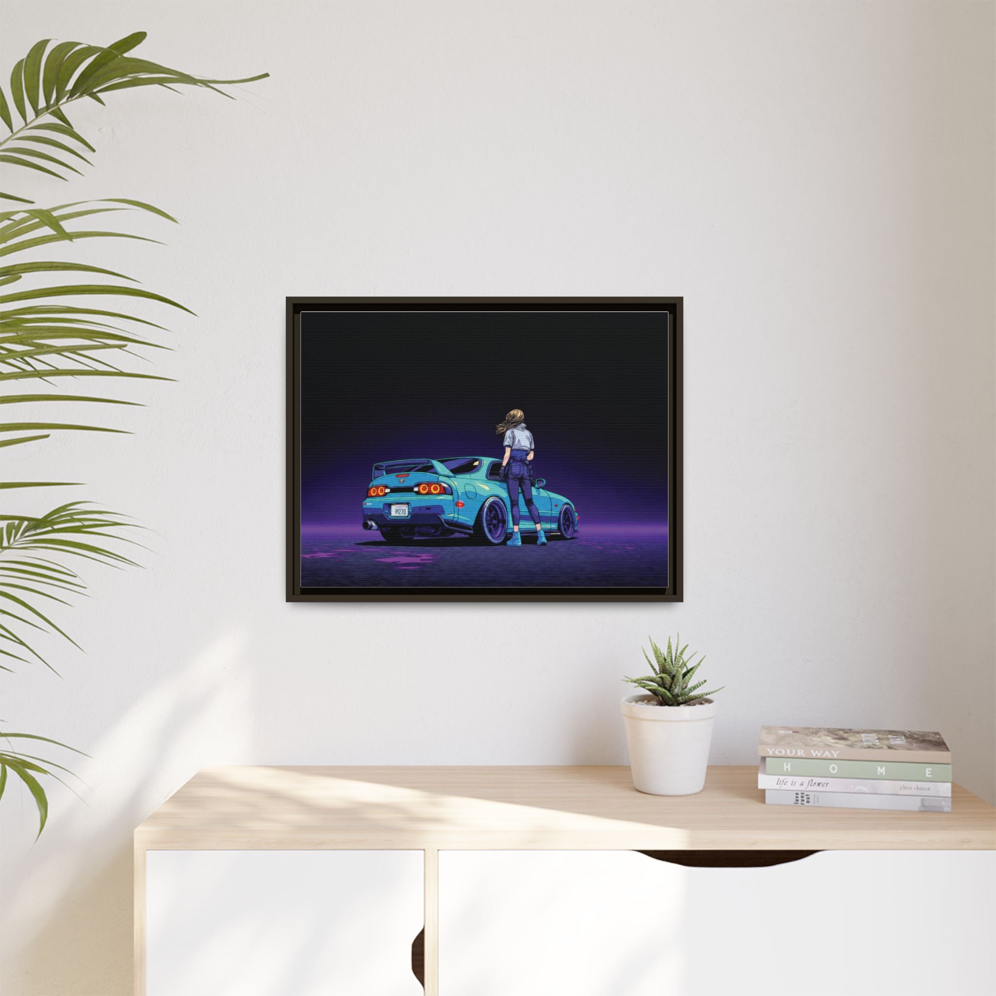 Retro Neon Race Car Poster Matte Canvas Framed | Anime Driver Wall Art
