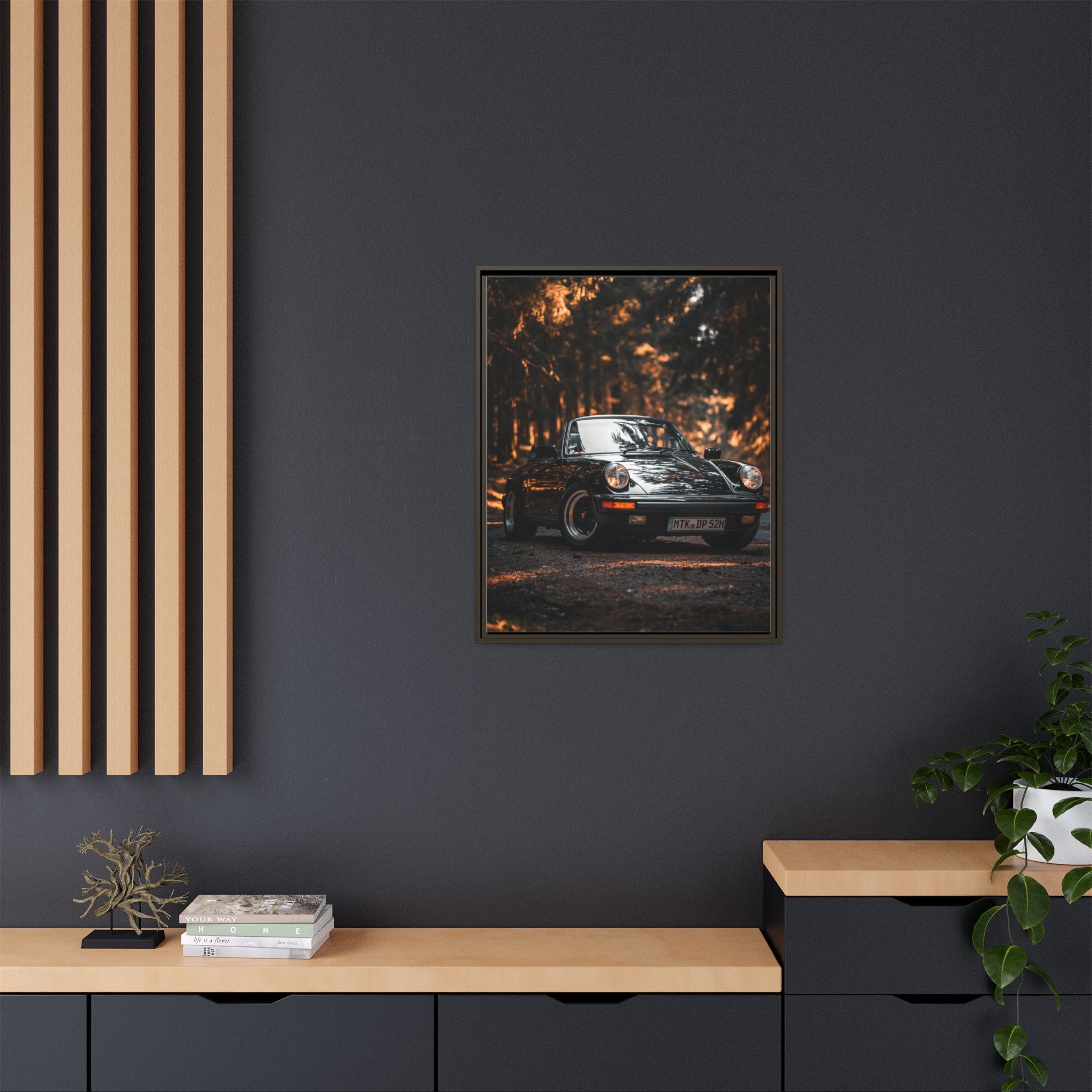 Framed Matte Canvas Print — Vintage Black Porsche in Autumn Forest