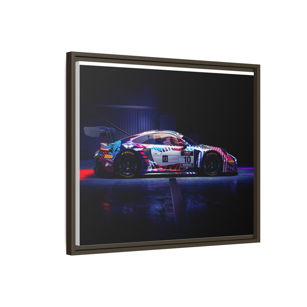 Framed Matte Canvas Print — Neon Racecar Wall Art