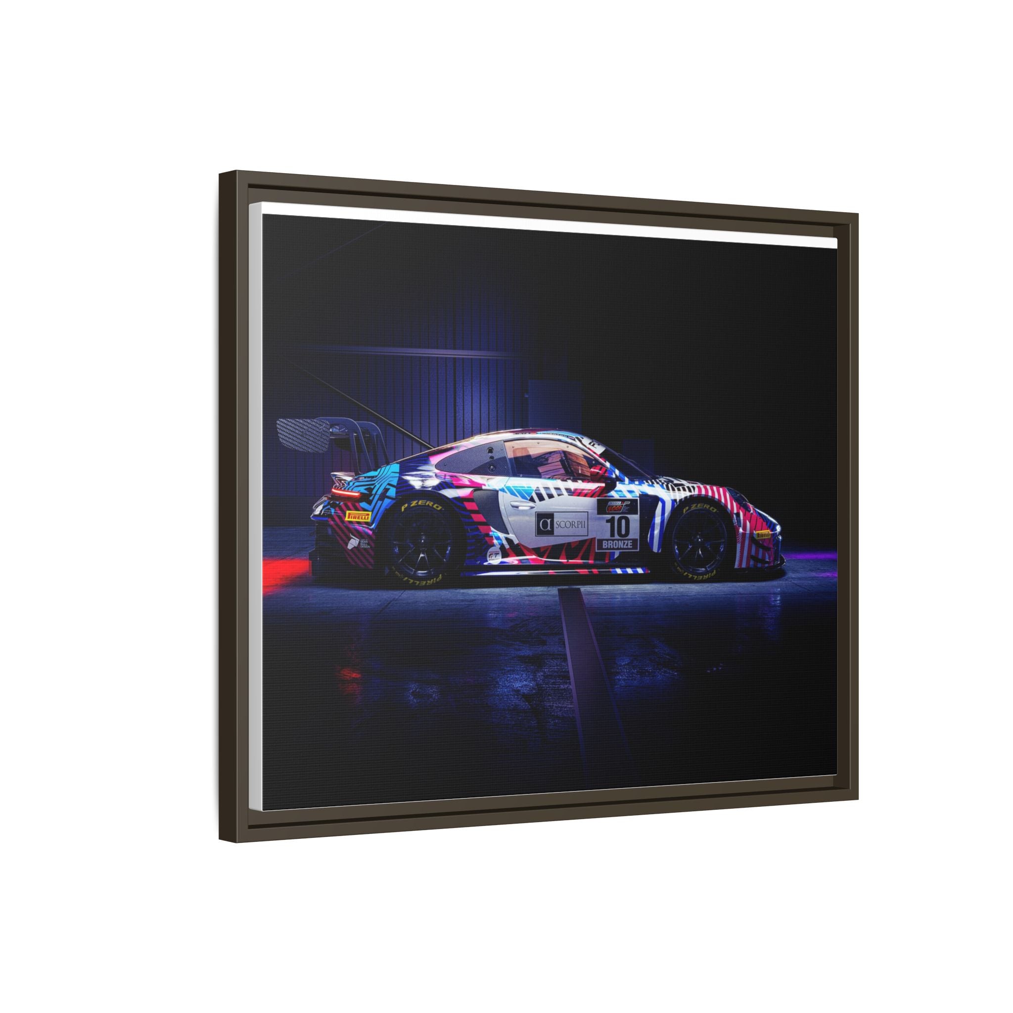 Framed Matte Canvas Print — Neon Racecar Wall Art