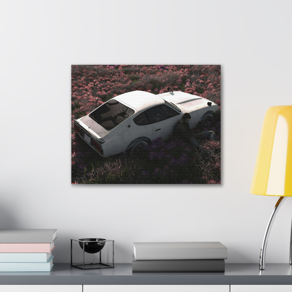 Vintage White Datsun in Wildflower Field Canvas