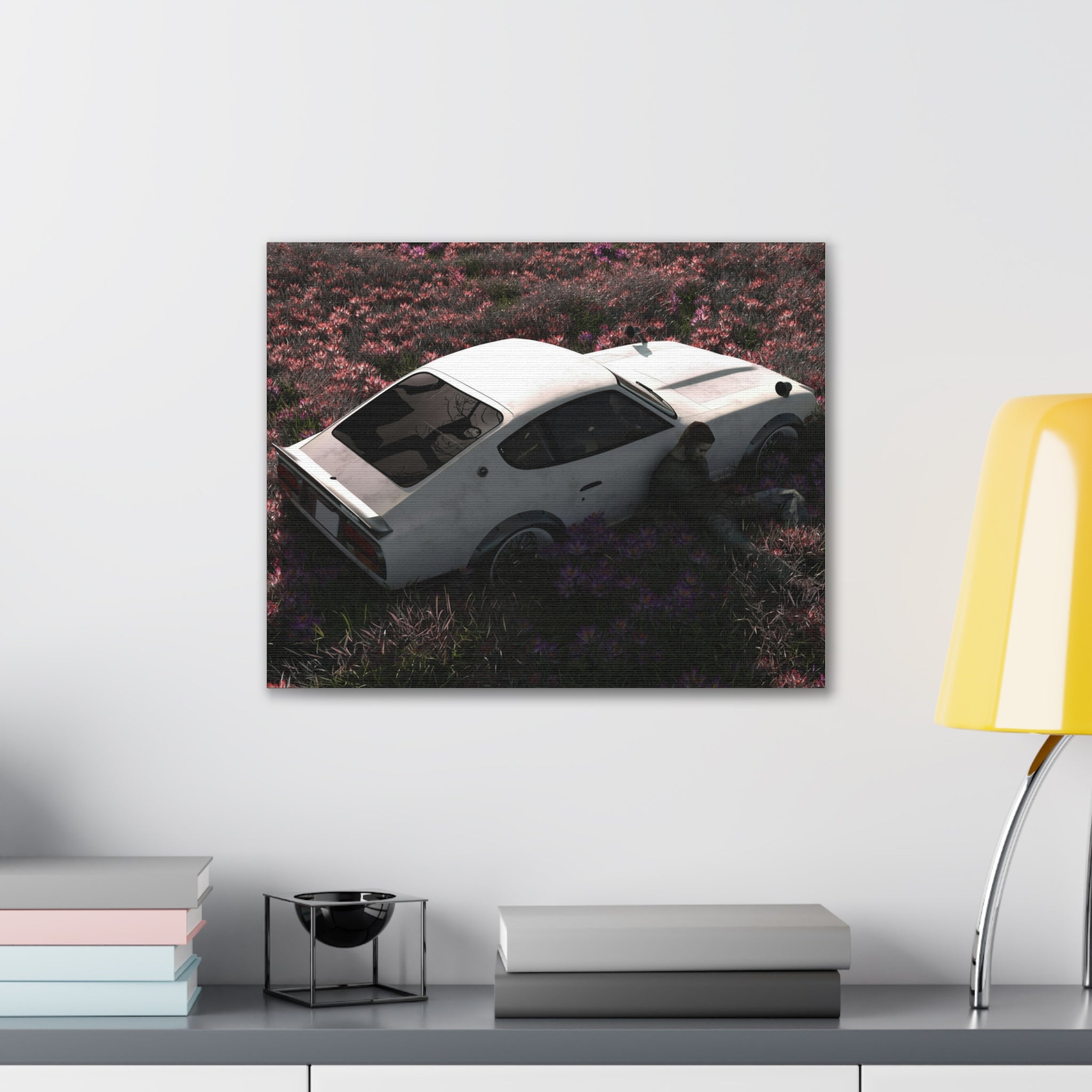 Vintage White Datsun in Wildflower Field Canvas