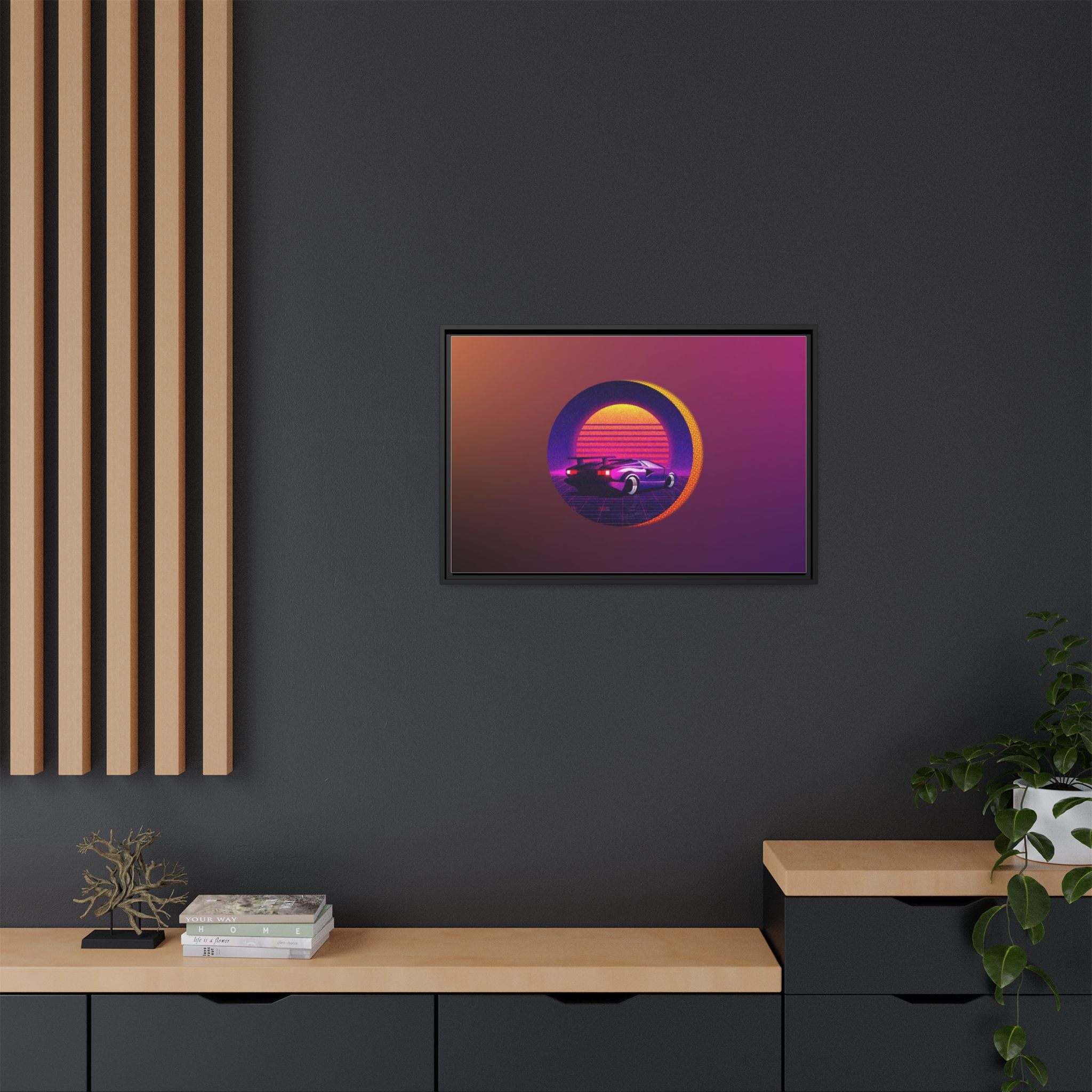 Retro Sunset Sports Car Matte Canvas Framed Wall Art