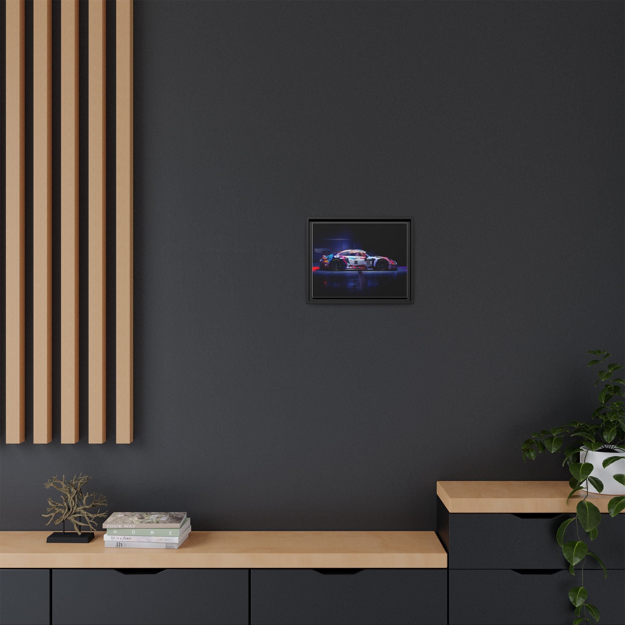 Framed Matte Canvas Print — Neon Racecar Wall Art