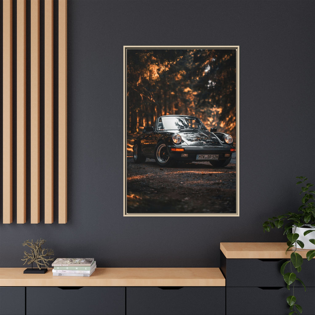 Framed Matte Canvas Print — Vintage Black Porsche in Autumn Forest