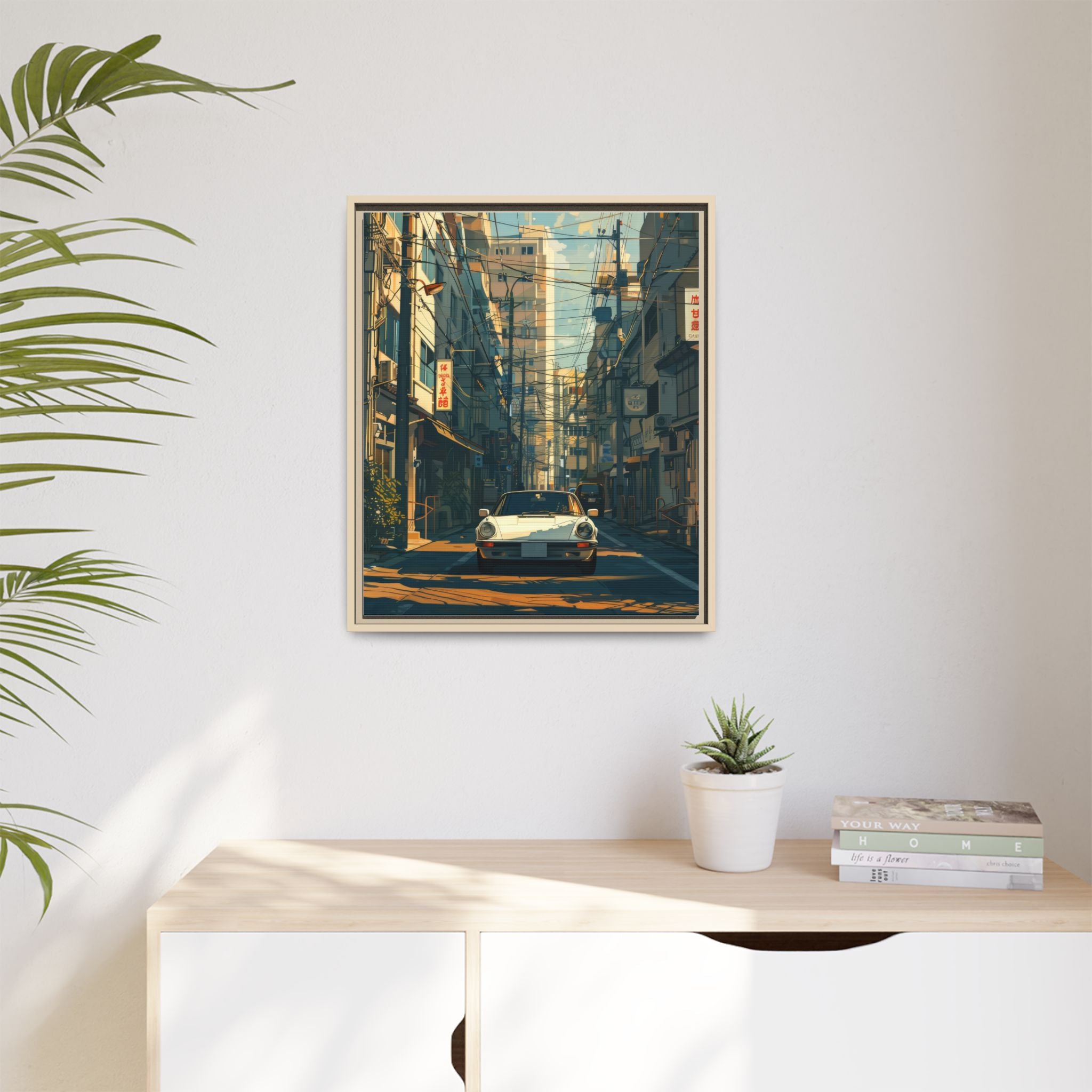 Vintage Sports Car Cityscape Framed Canvas Print