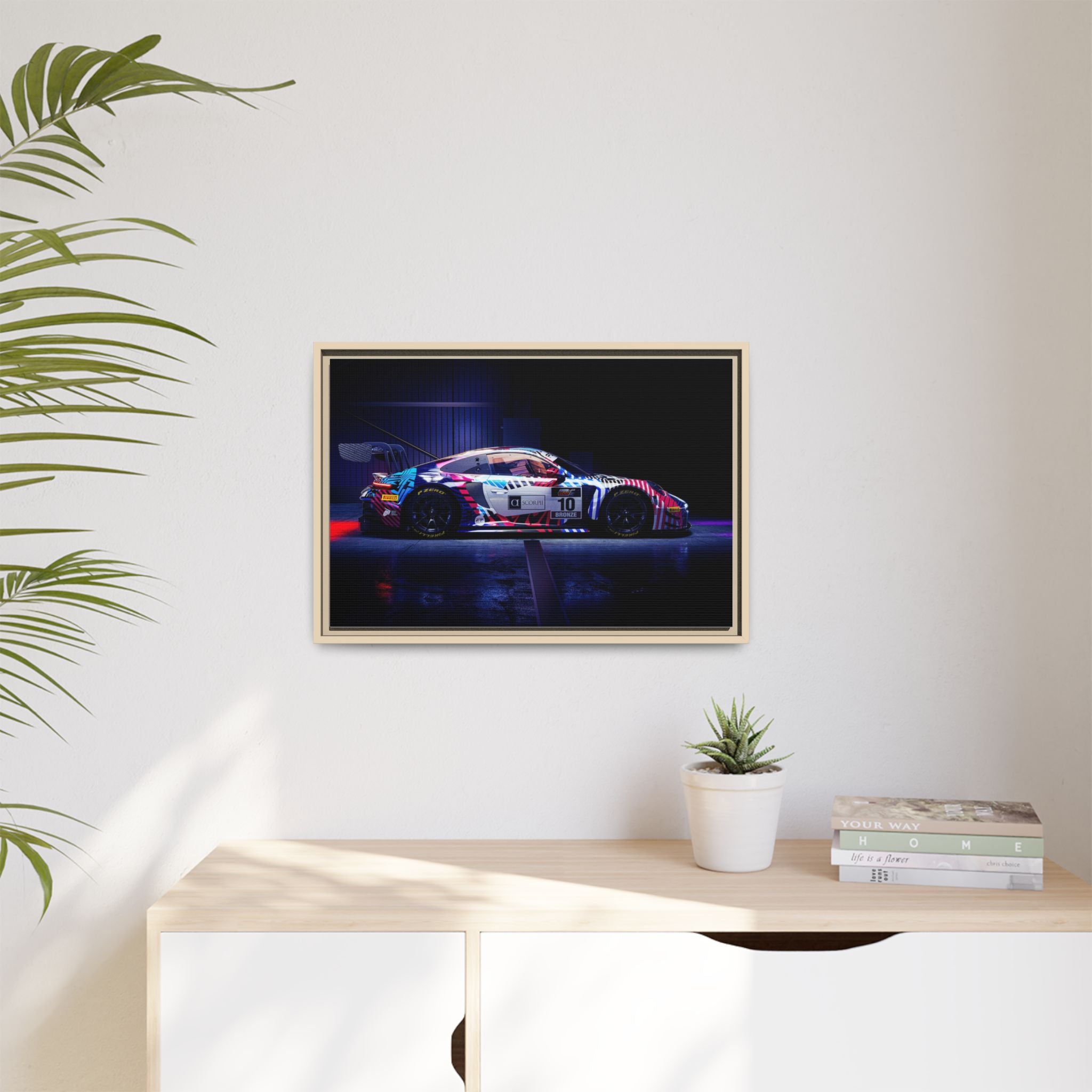 Framed Matte Canvas Print — Neon Racecar Wall Art