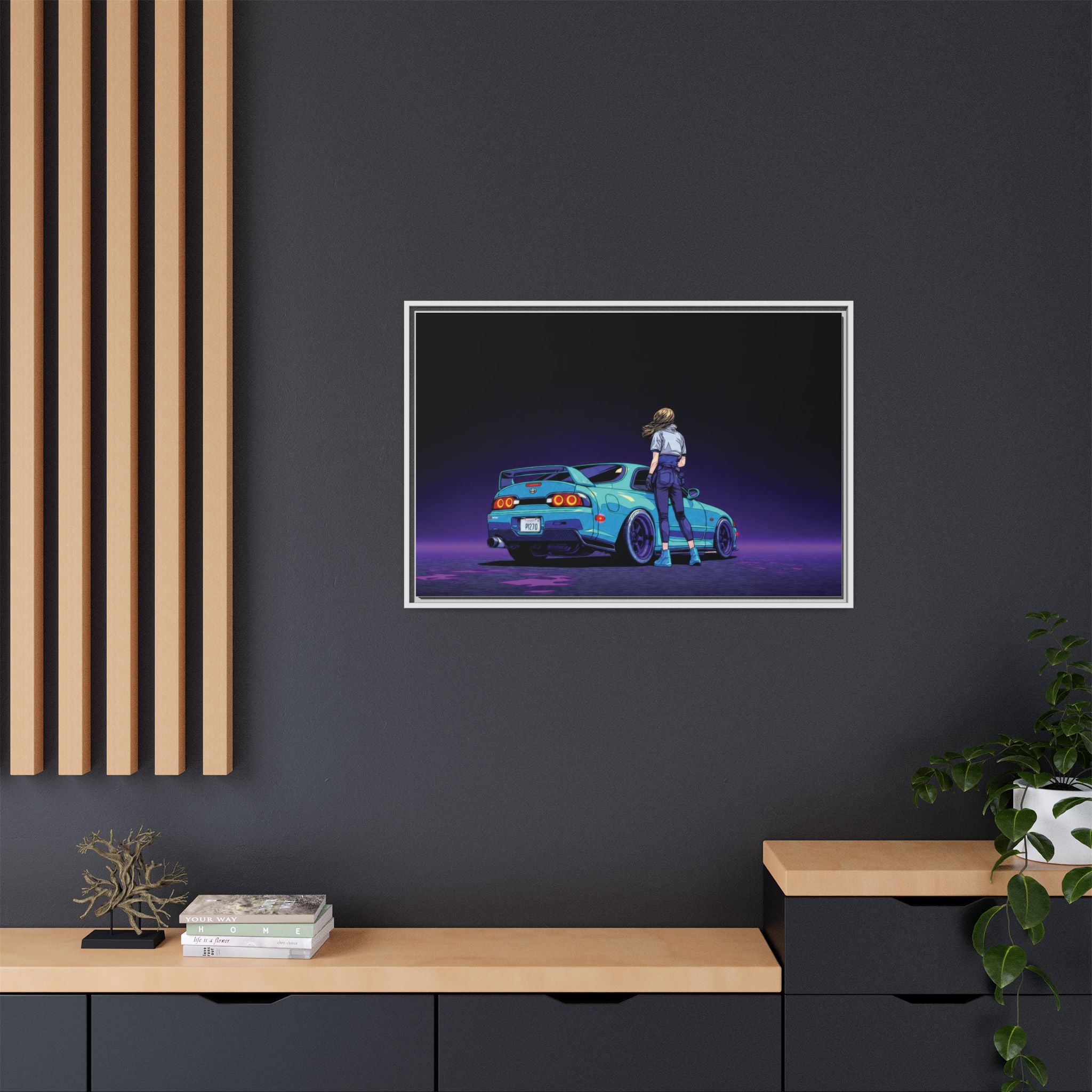 Retro Neon Race Car Poster Matte Canvas Framed | Anime Driver Wall Art