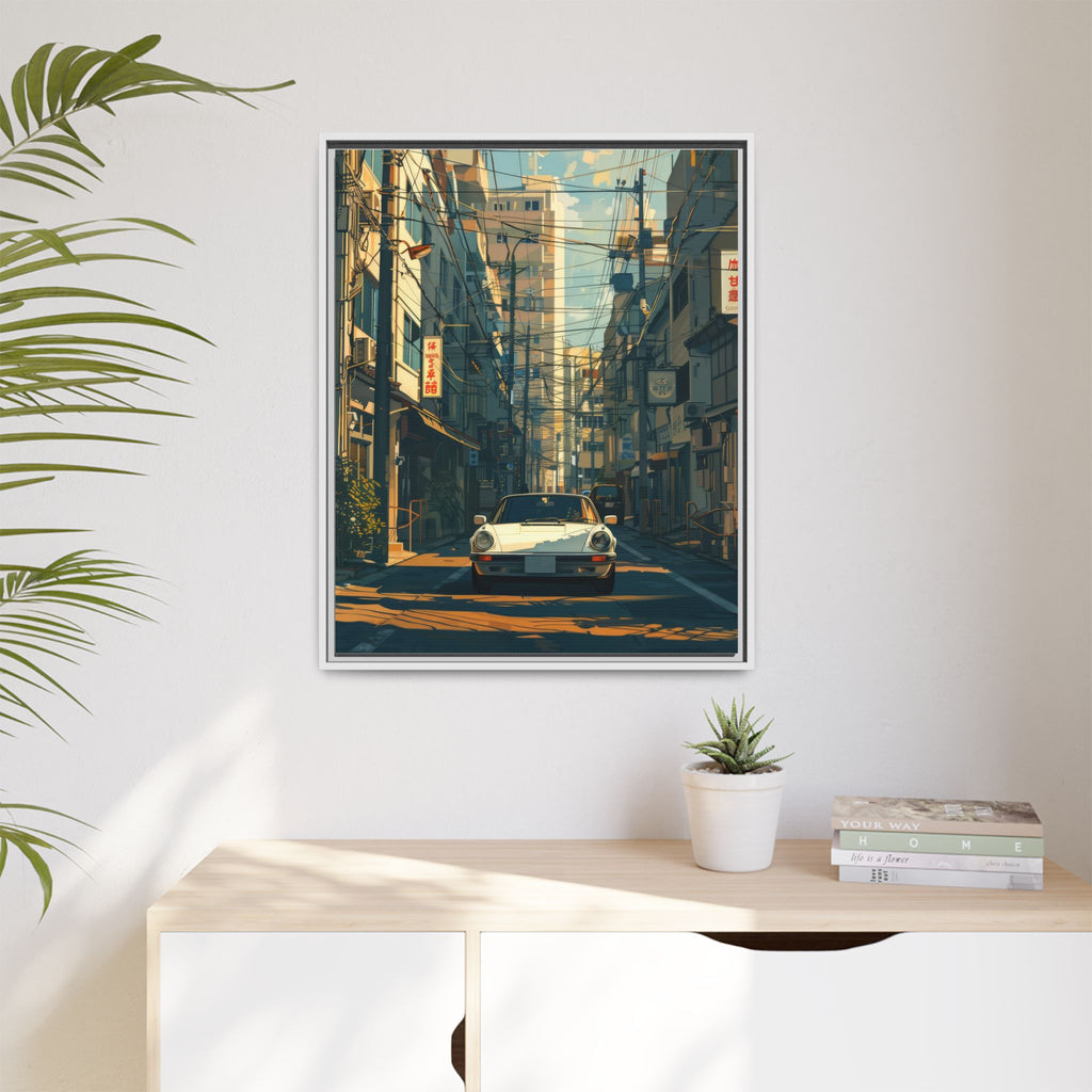 Vintage Sports Car Cityscape Framed Canvas Print