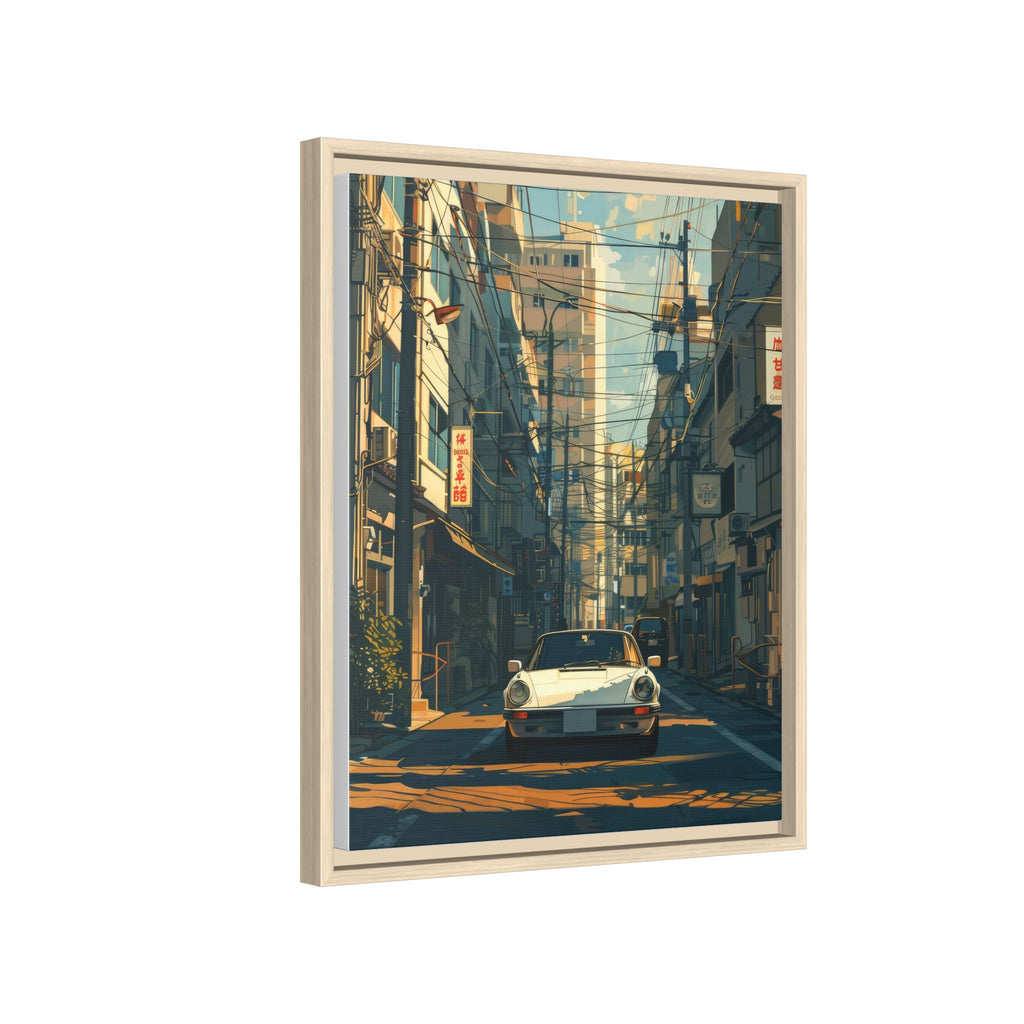 Vintage Sports Car Cityscape Framed Canvas Print