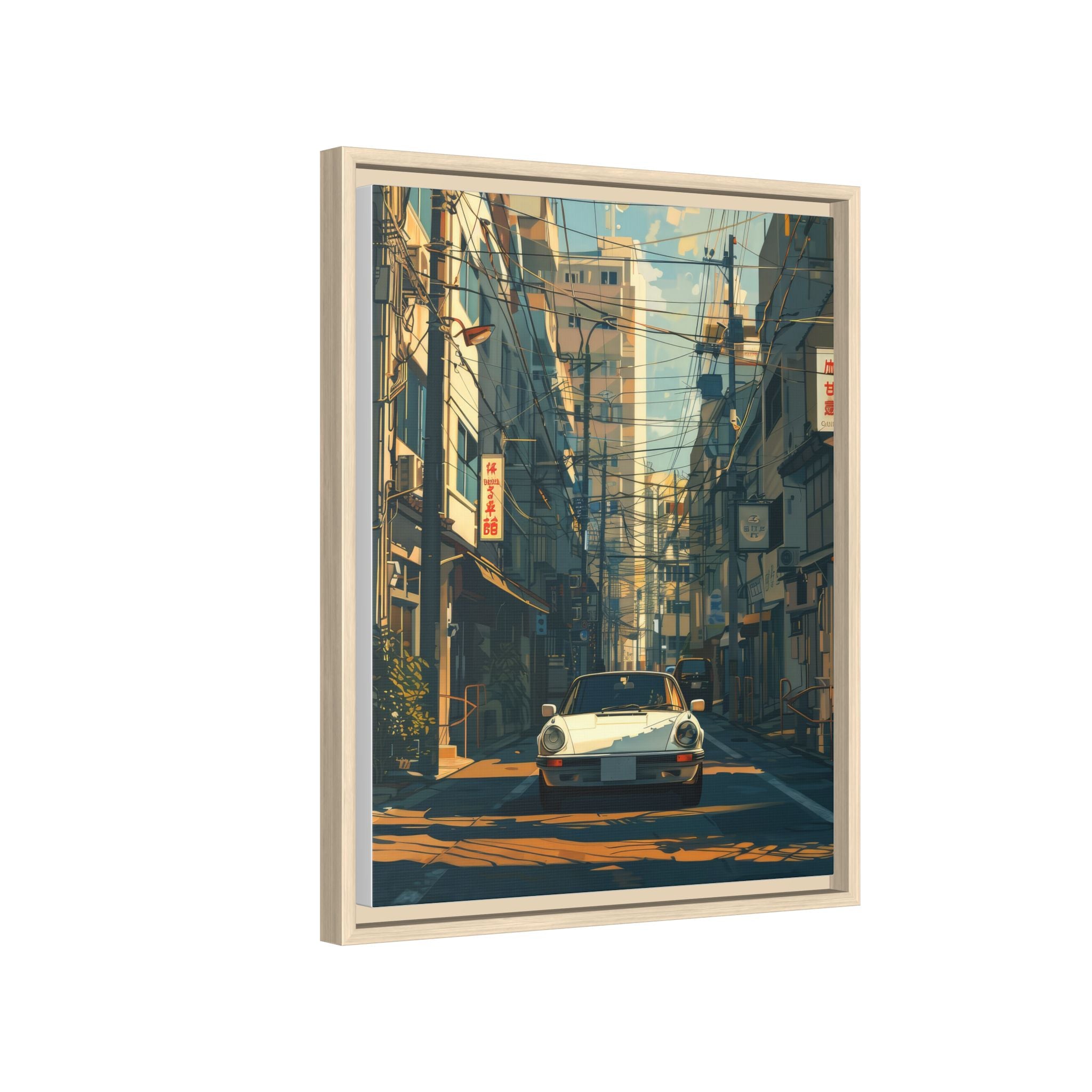 Vintage Sports Car Cityscape Framed Canvas Print
