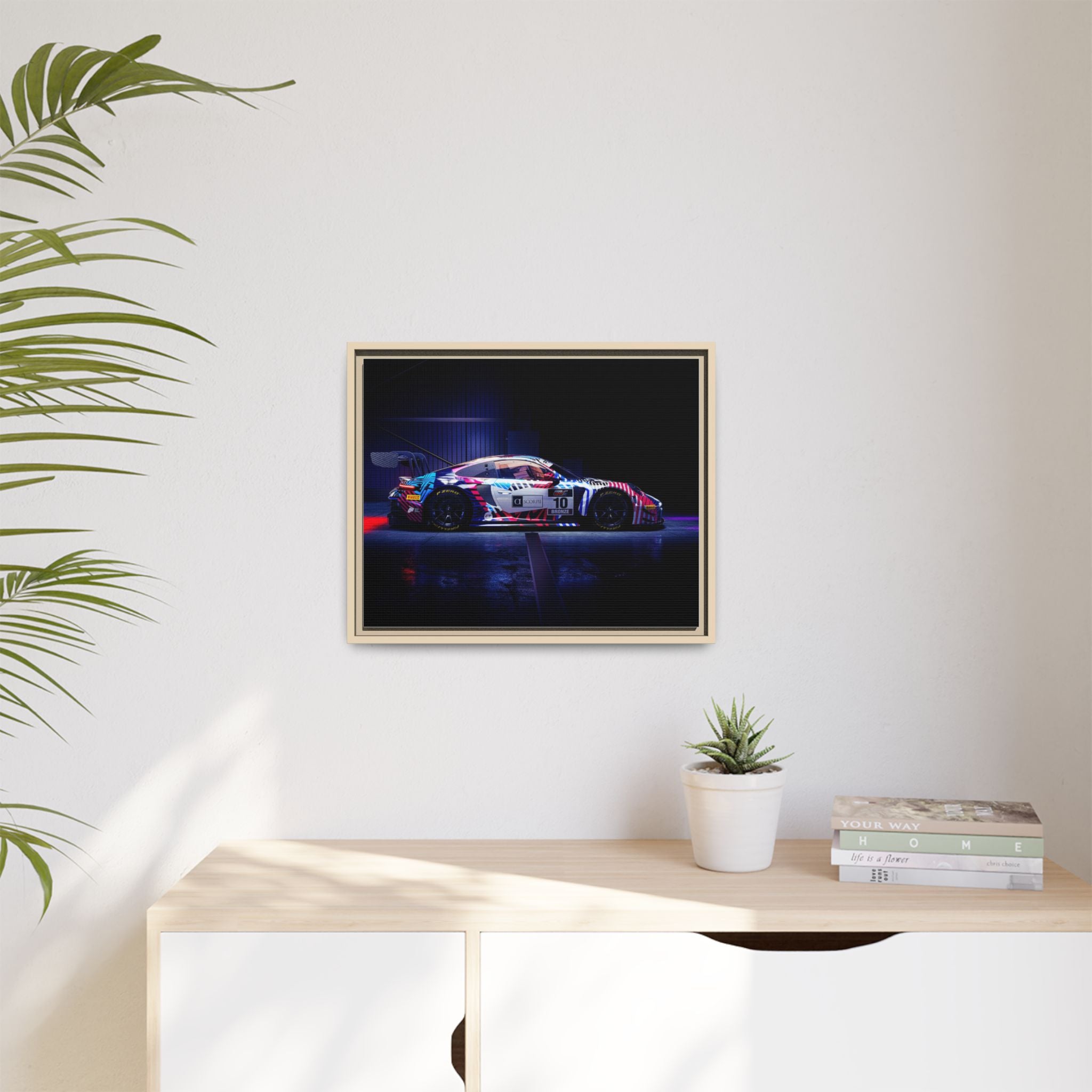 Framed Matte Canvas Print — Neon Racecar Wall Art