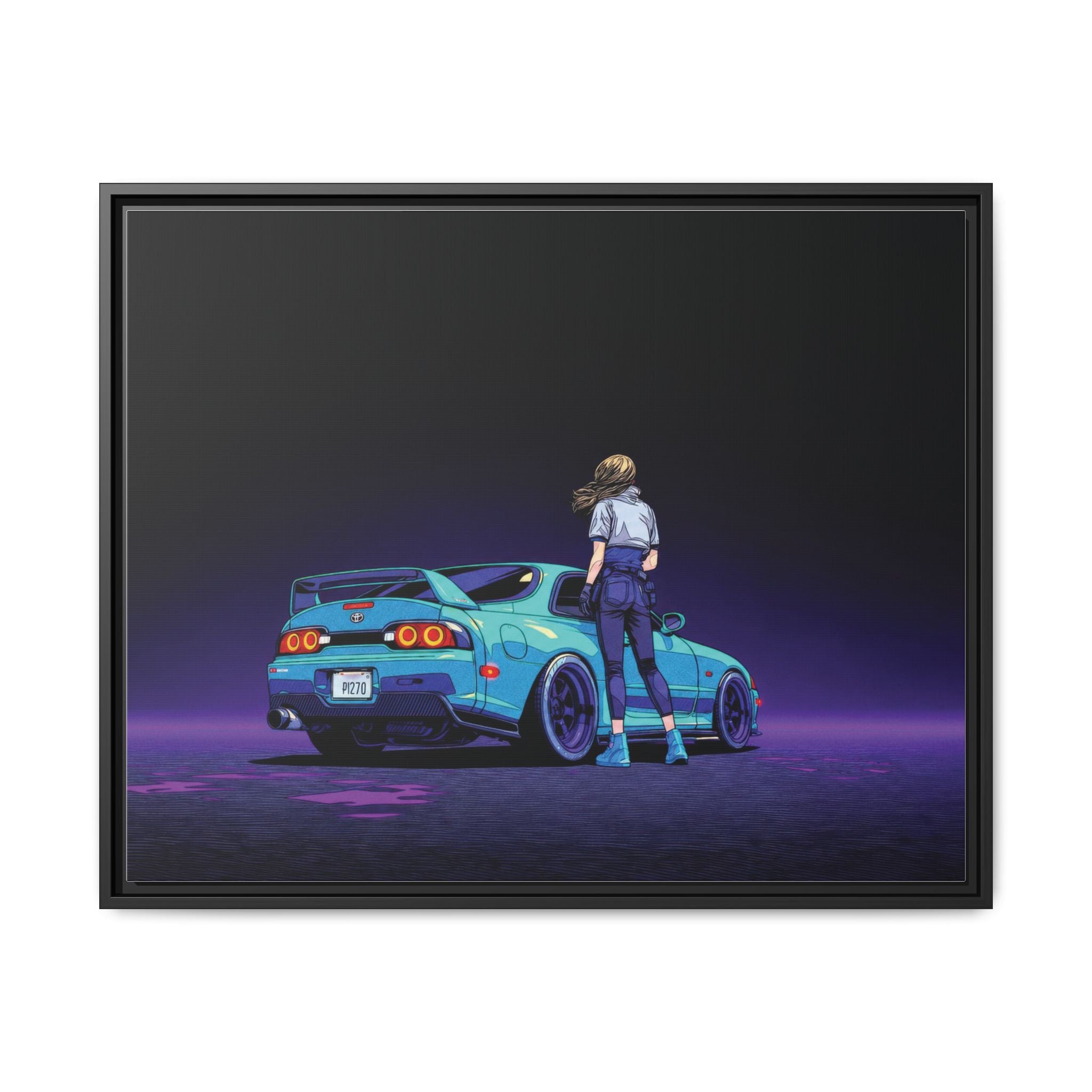 Retro Neon Race Car Poster Matte Canvas Framed | Anime Driver Wall Art