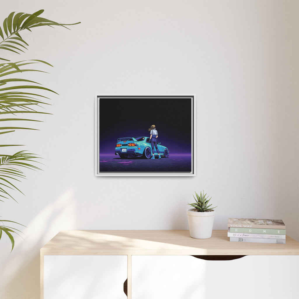 Retro Neon Race Car Poster Matte Canvas Framed | Anime Driver Wall Art