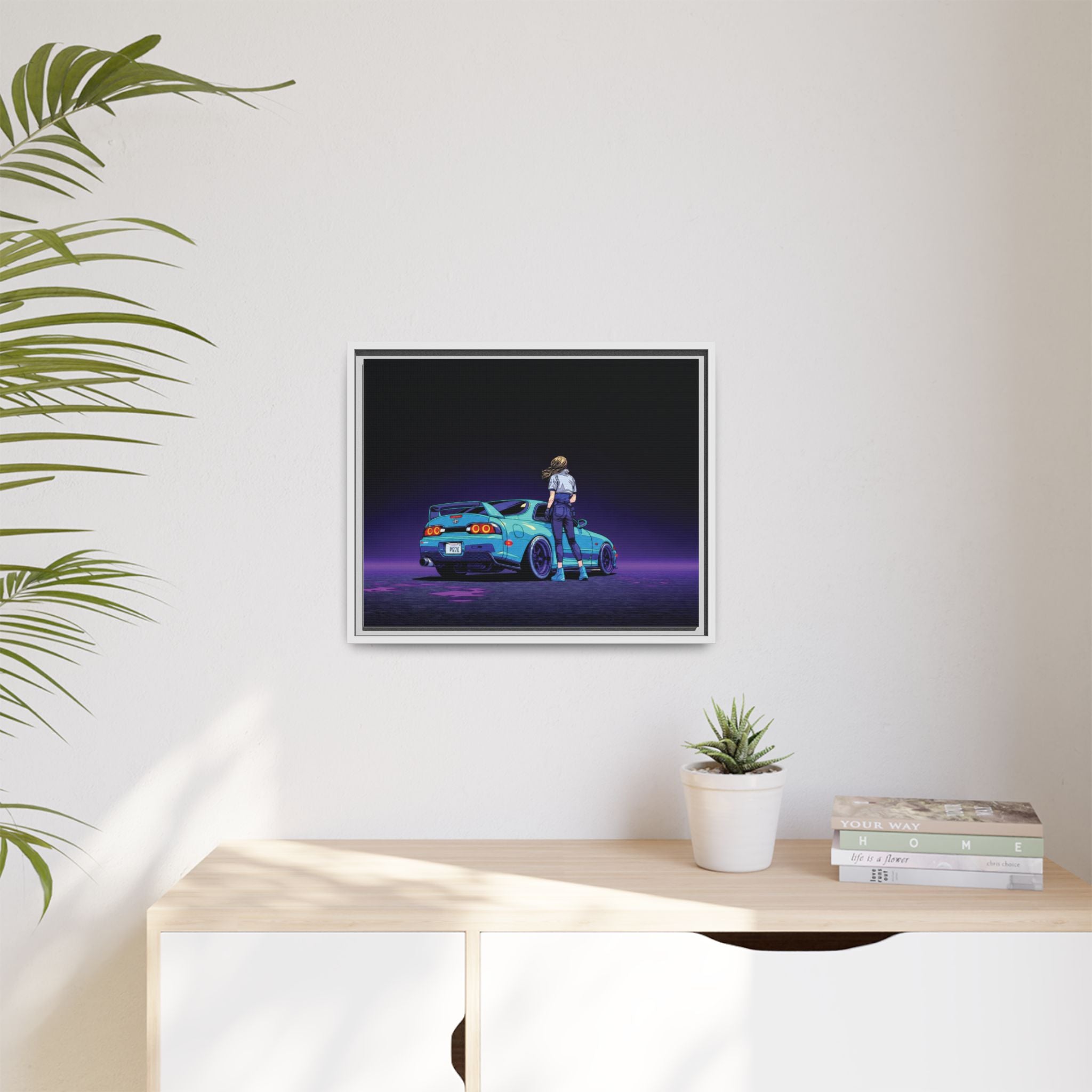 Retro Neon Race Car Poster Matte Canvas Framed | Anime Driver Wall Art
