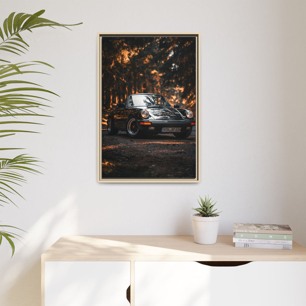 Framed Matte Canvas Print — Vintage Black Porsche in Autumn Forest