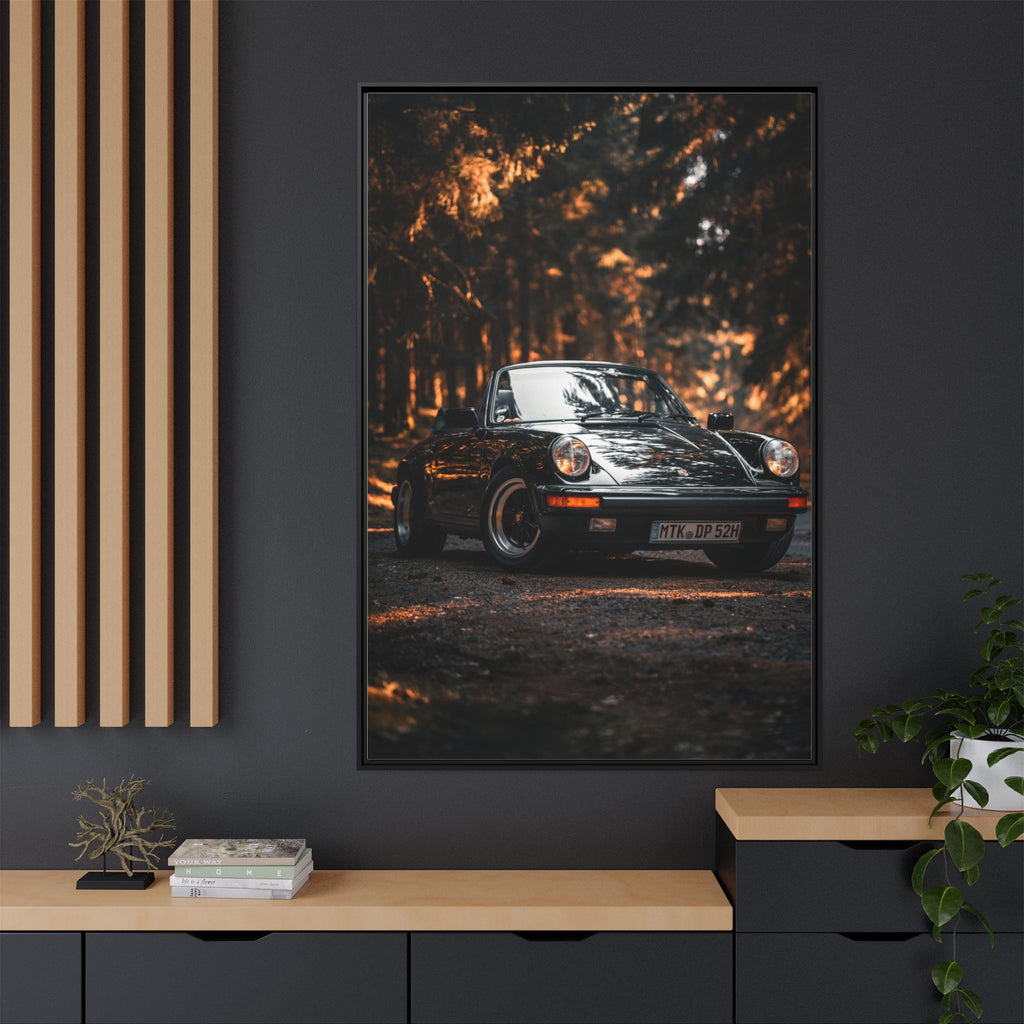 Framed Matte Canvas Print — Vintage Black Porsche in Autumn Forest