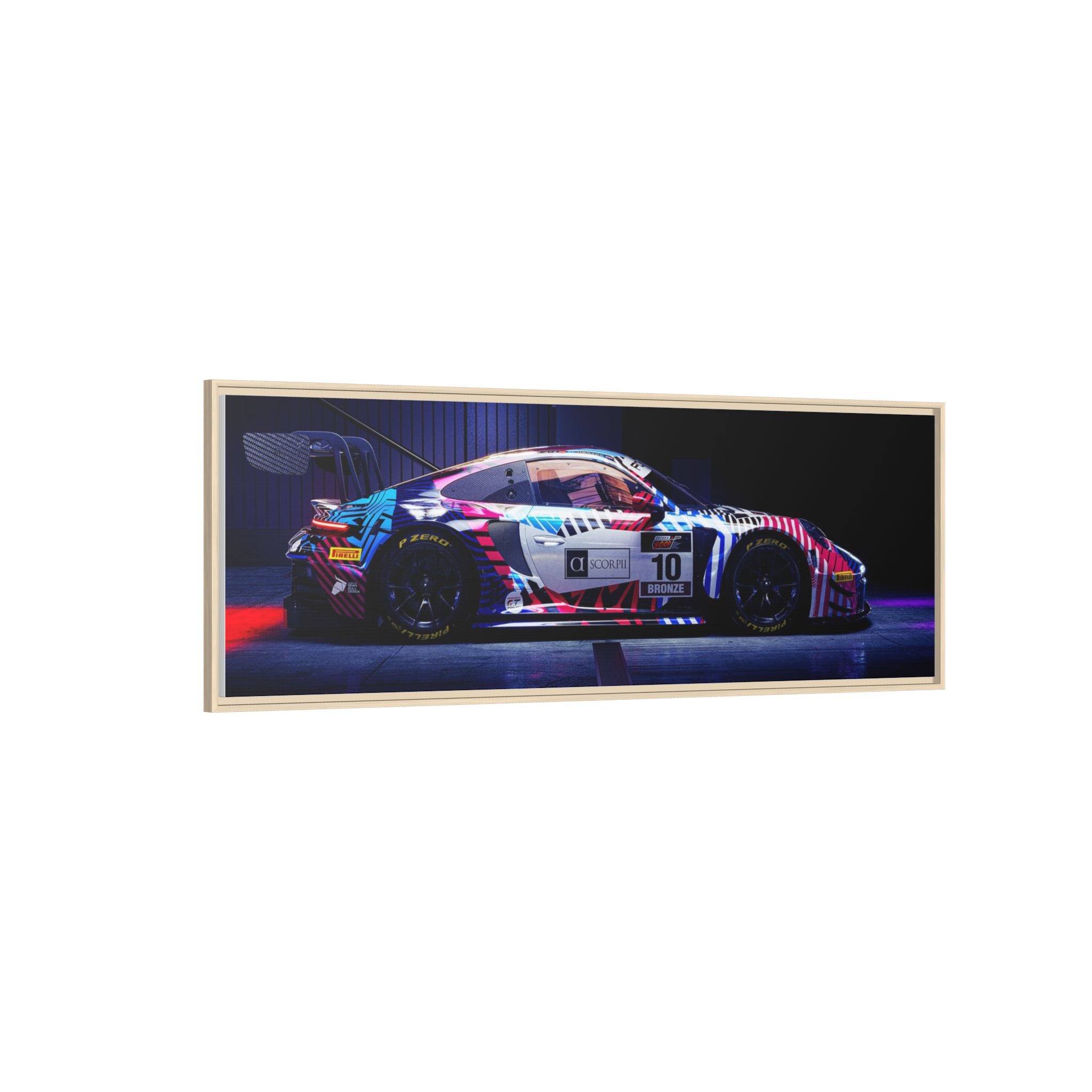 Framed Matte Canvas Print — Neon Racecar Wall Art