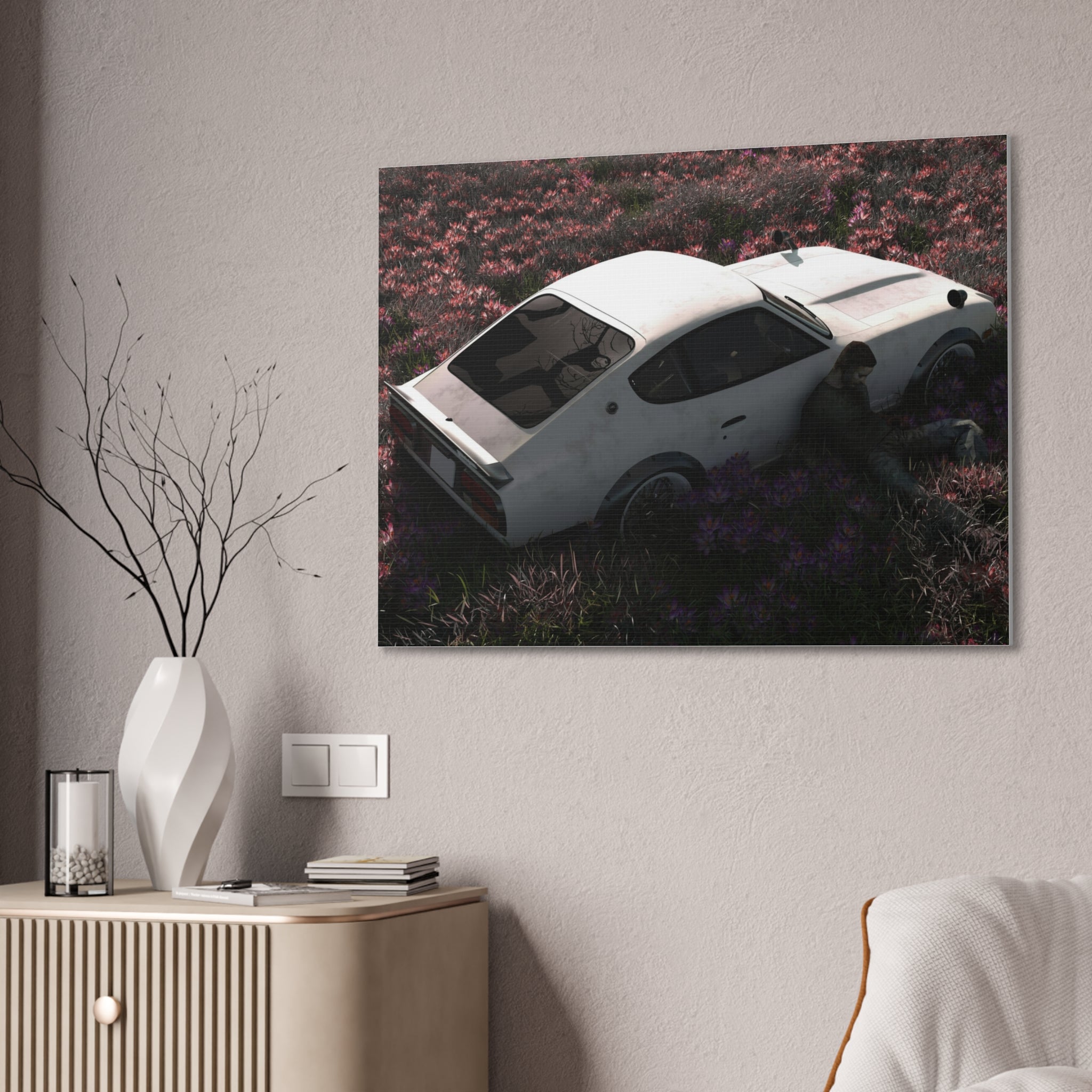 Vintage White Datsun in Wildflower Field Canvas