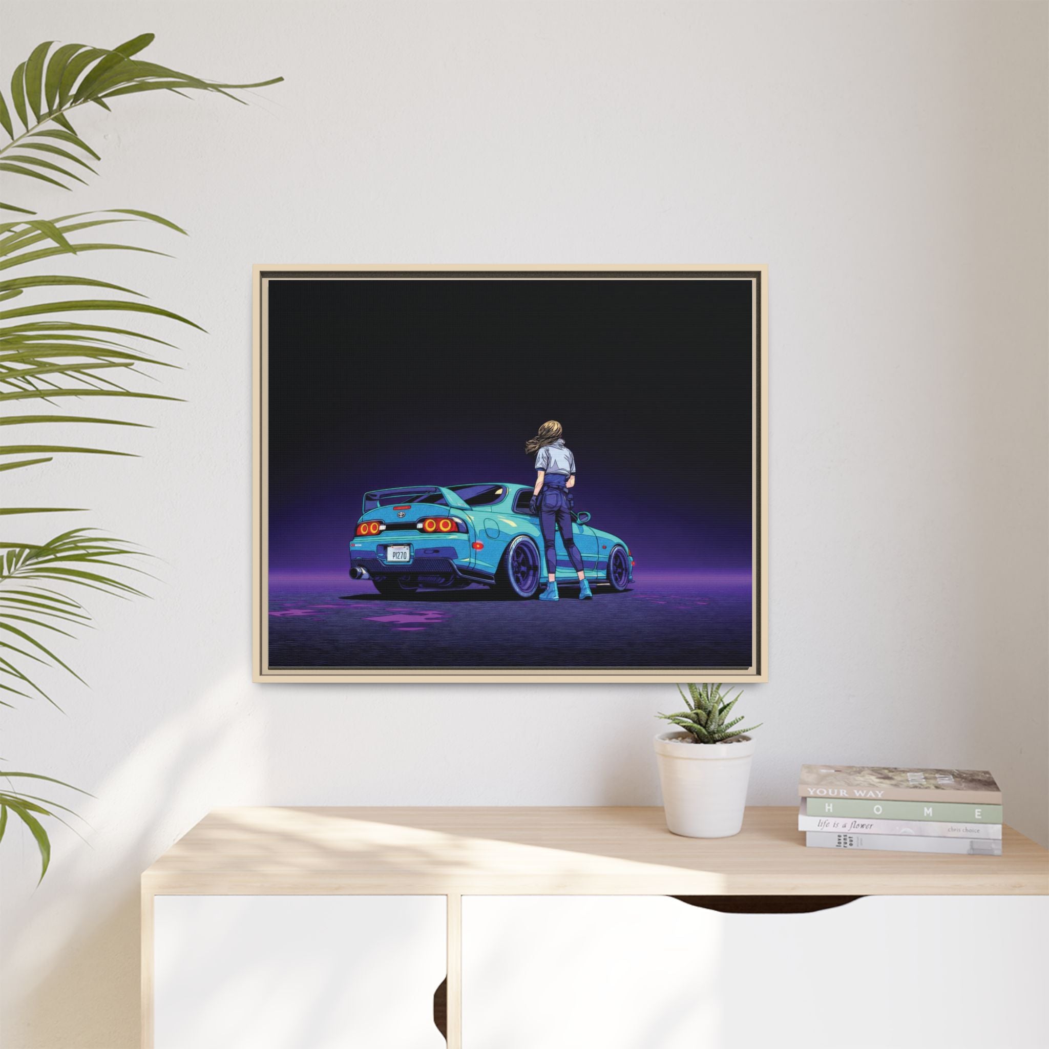 Retro Neon Race Car Poster Matte Canvas Framed | Anime Driver Wall Art