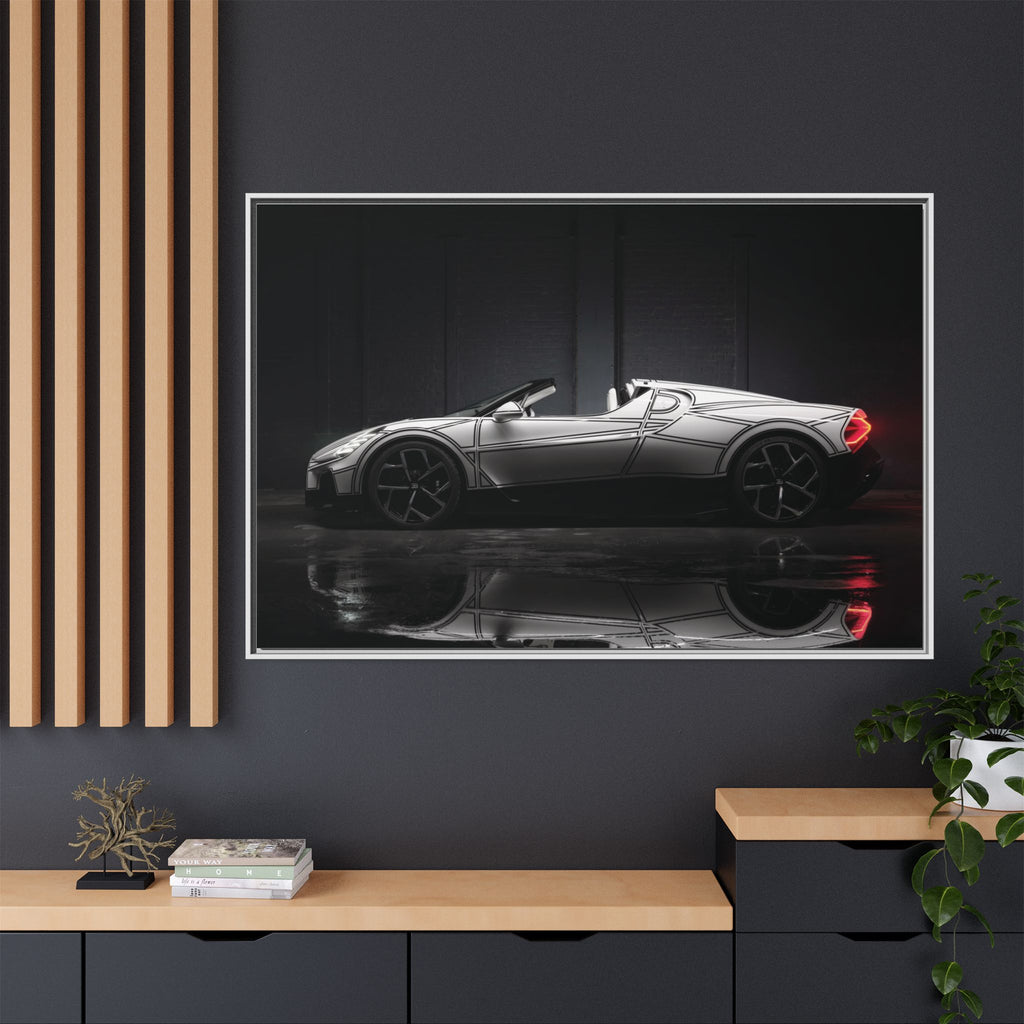 Framed Matte Canvas: Sleek Sports Car Reflection Wall Art
