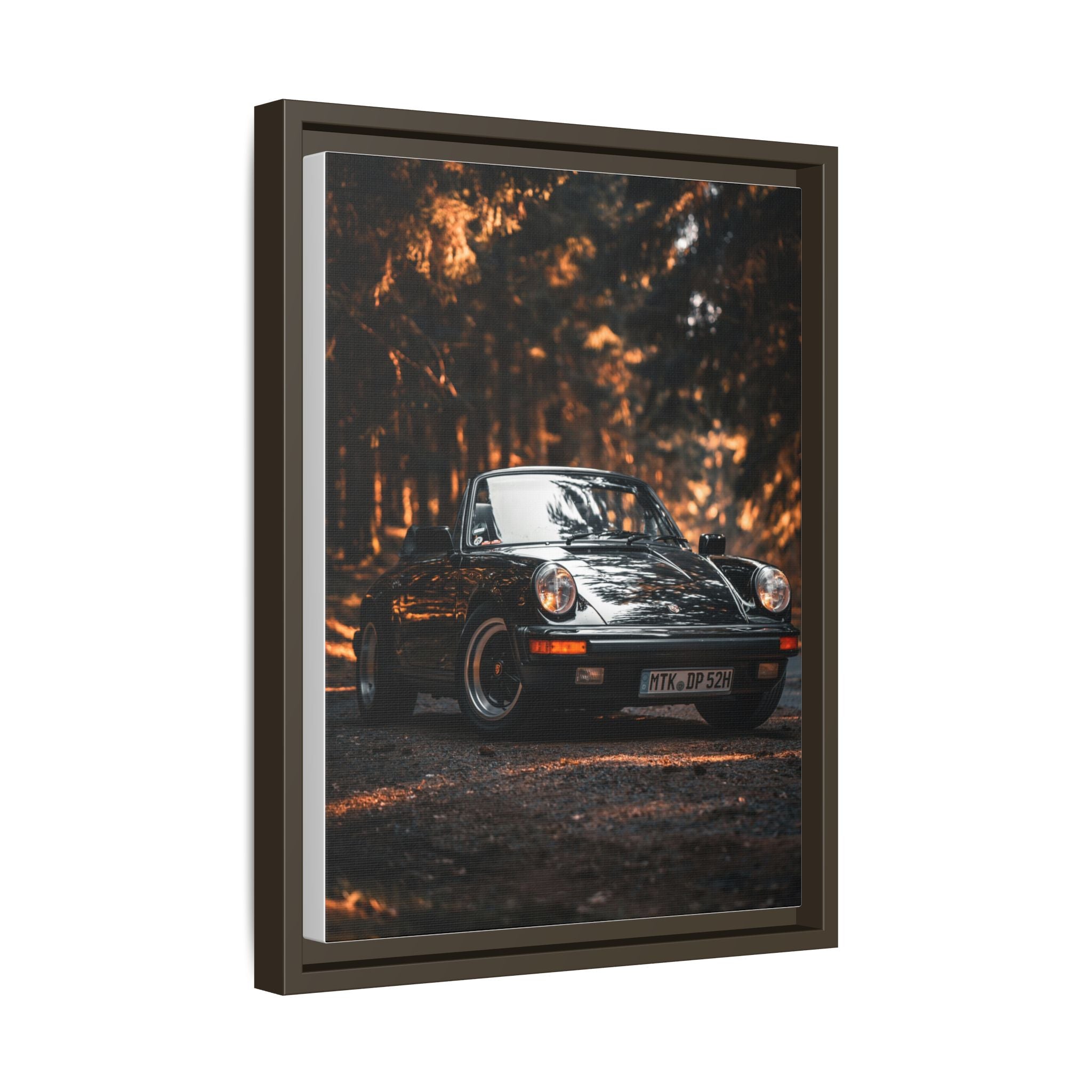 Framed Matte Canvas Print — Vintage Black Porsche in Autumn Forest