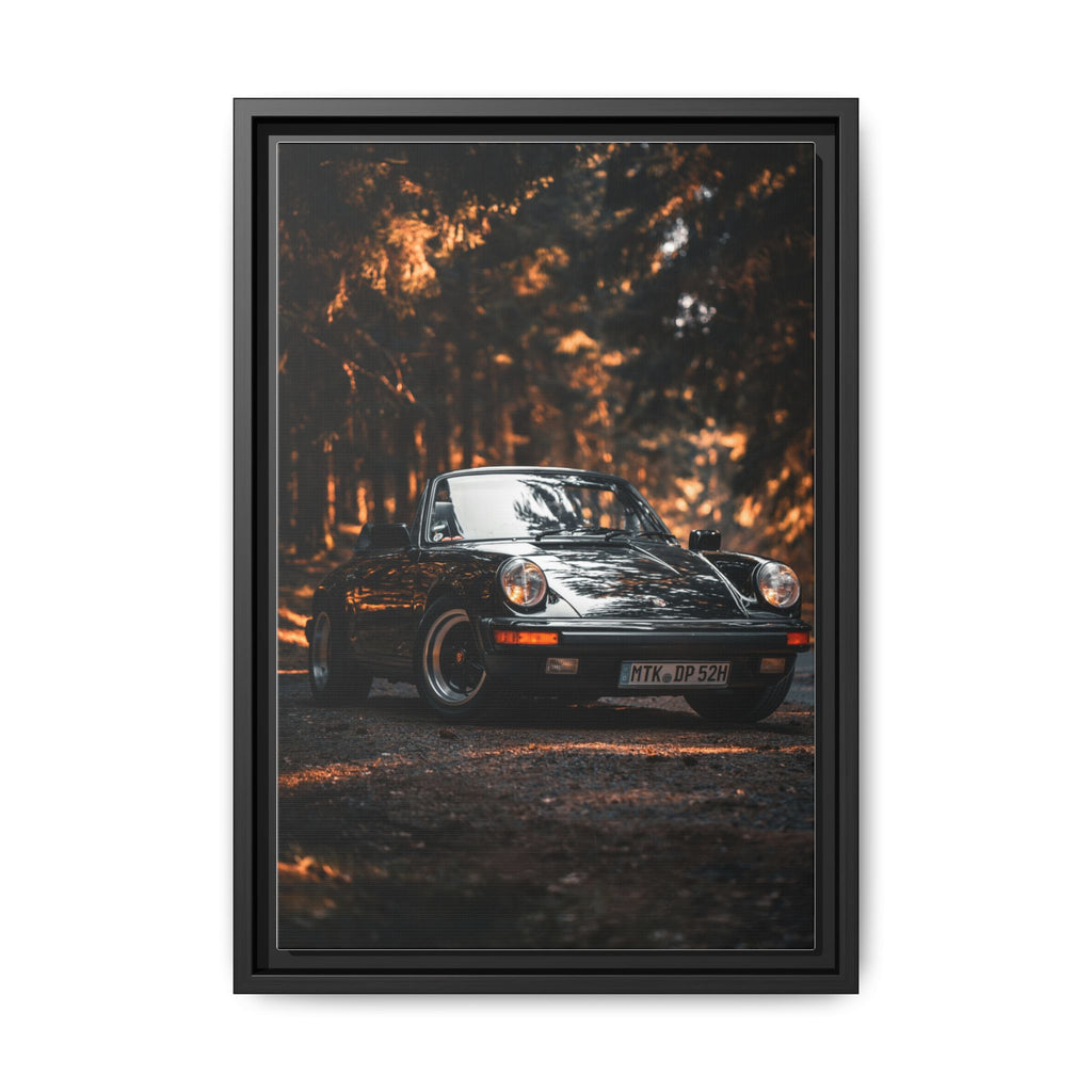 Framed Matte Canvas Print — Vintage Black Porsche in Autumn Forest