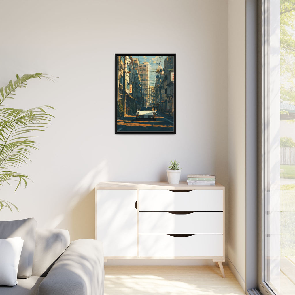 Vintage Sports Car Cityscape Framed Canvas Print