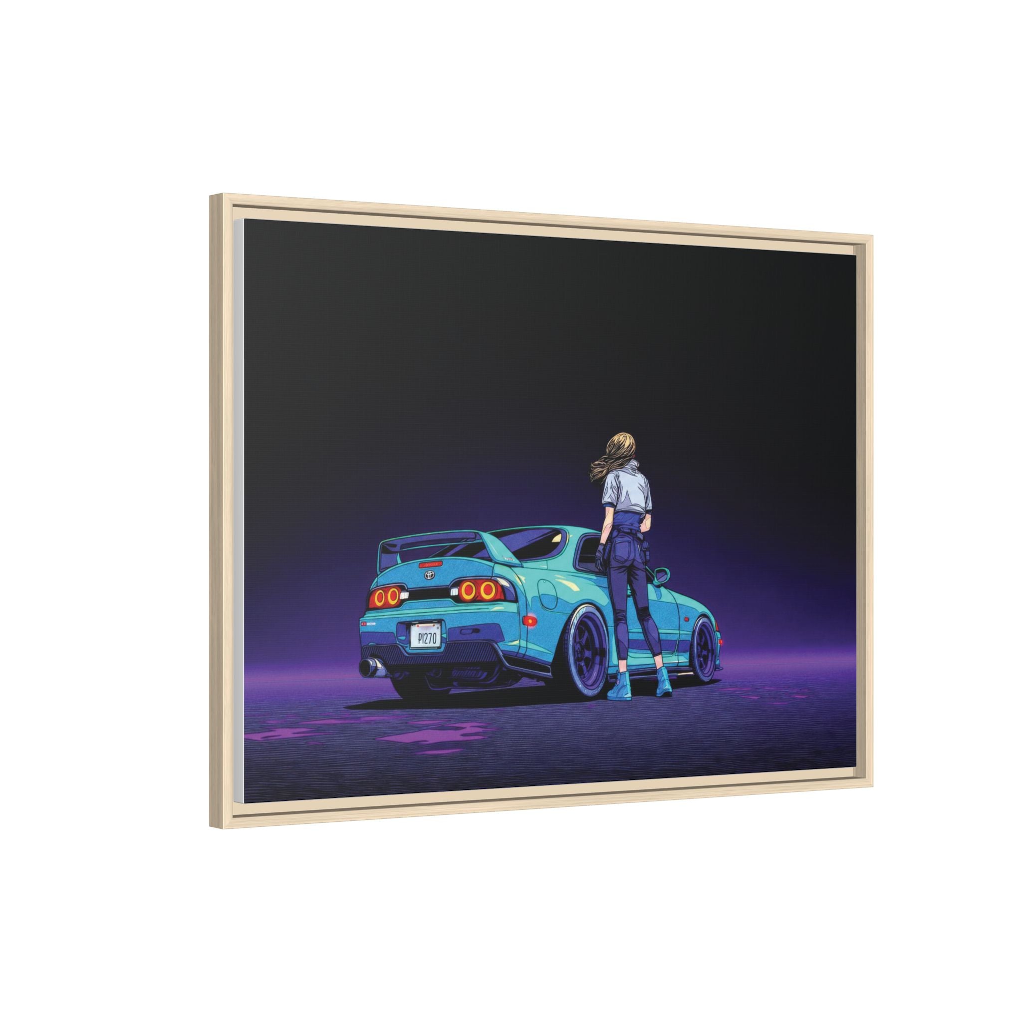 Retro Neon Race Car Poster Matte Canvas Framed | Anime Driver Wall Art