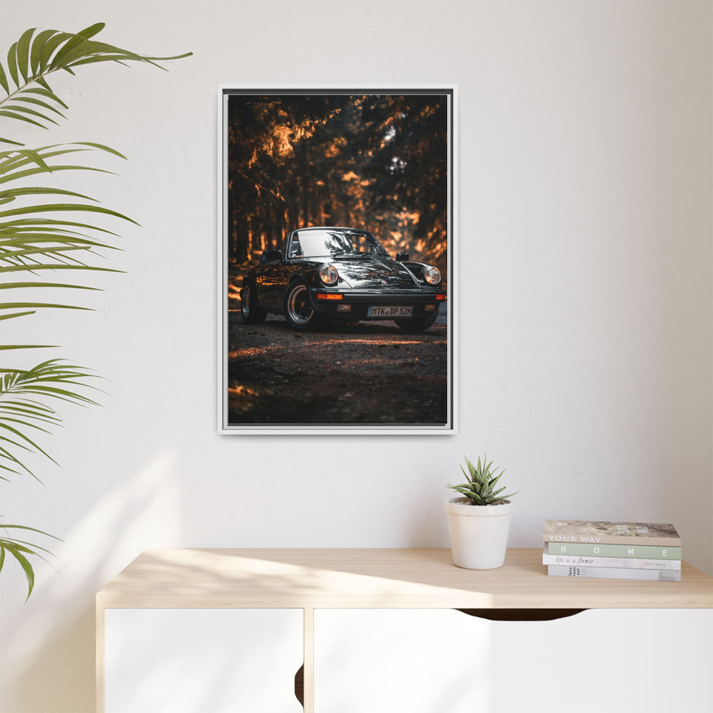 Framed Matte Canvas Print — Vintage Black Porsche in Autumn Forest